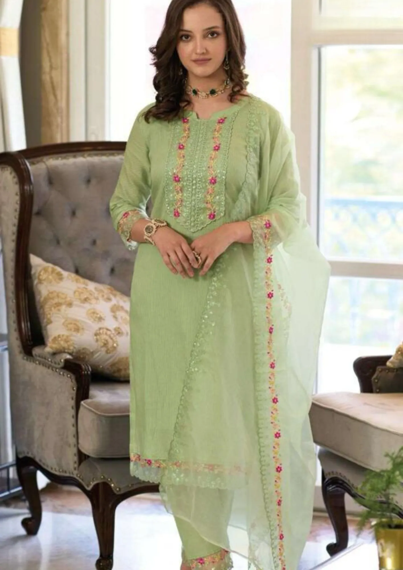 Alluring Green Color Cotton Embroidery Kurti & Pant With Dupatta