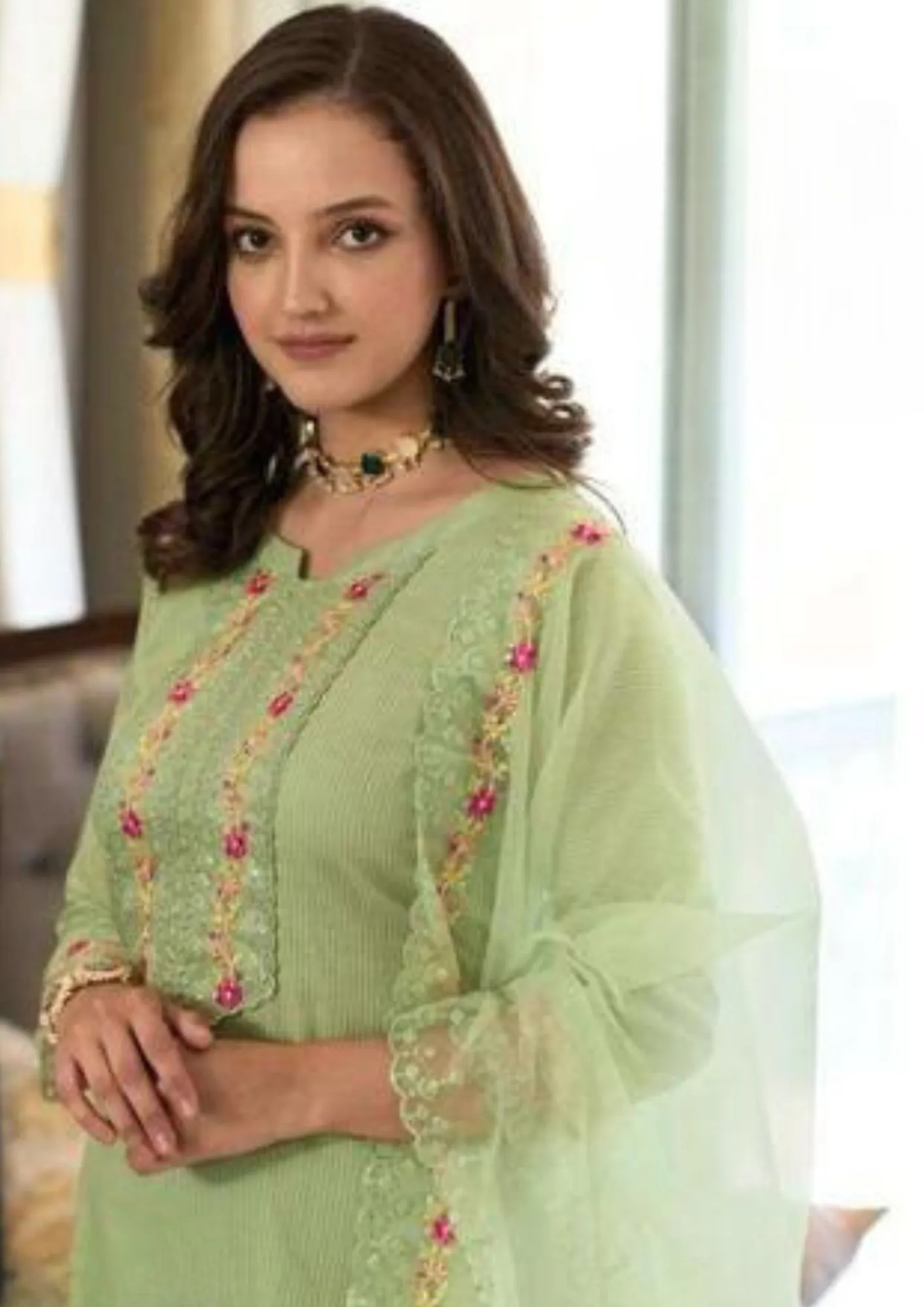 Alluring Green Color Cotton Embroidery Kurti & Pant With Dupatta