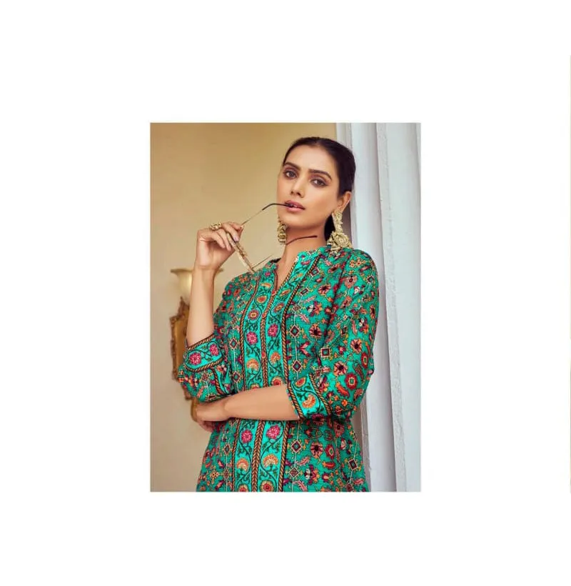 Alluring Teal Green Colored Floral Design Tusser Silk Kurti With Pant For Women