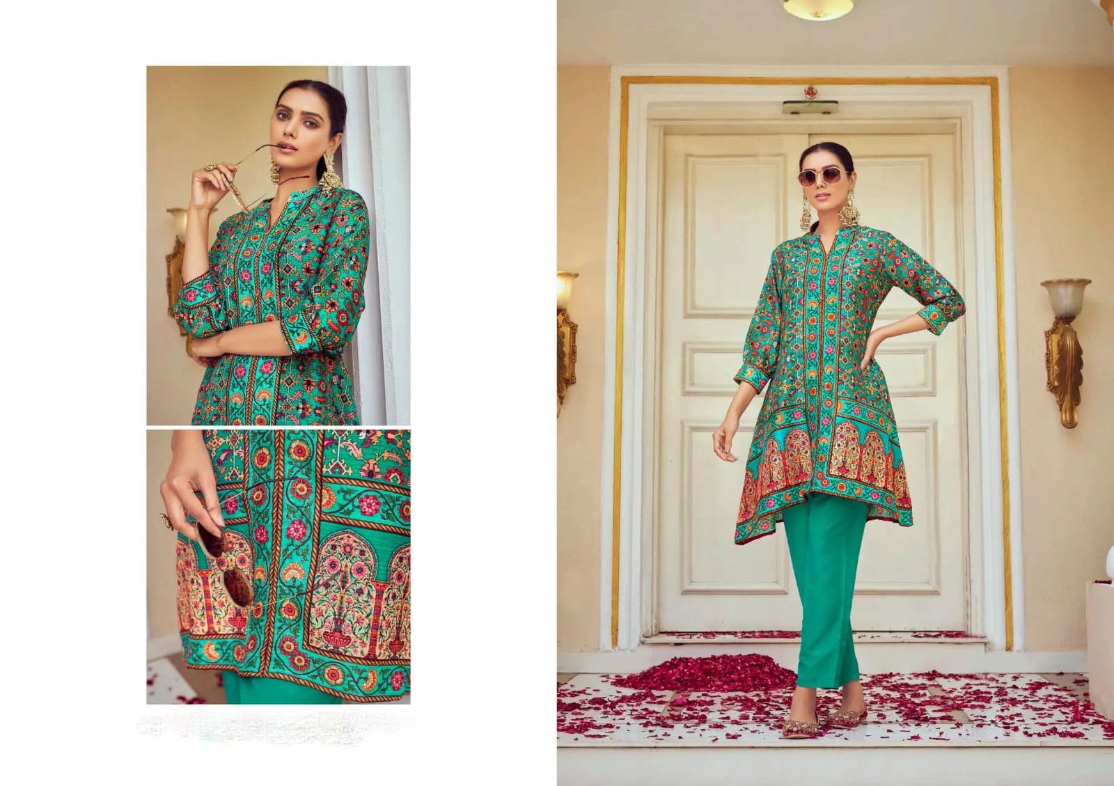 Alluring Teal Green Colored Floral Design Tusser Silk Kurti With Pant For Women