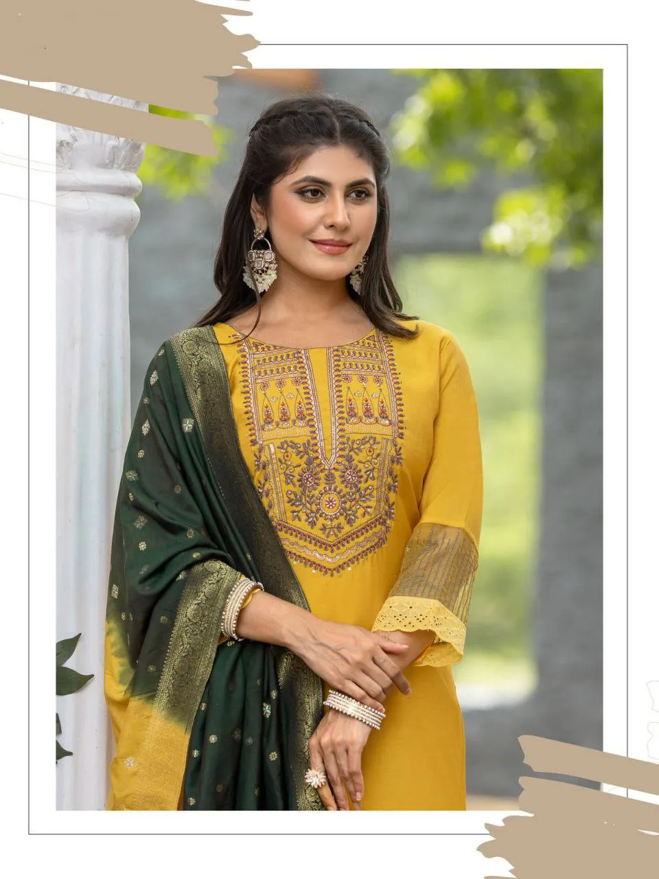 Attractive Yellow Colored Simmer Thread And Hand Work Cotton Lycra Salwar Suits For Women
