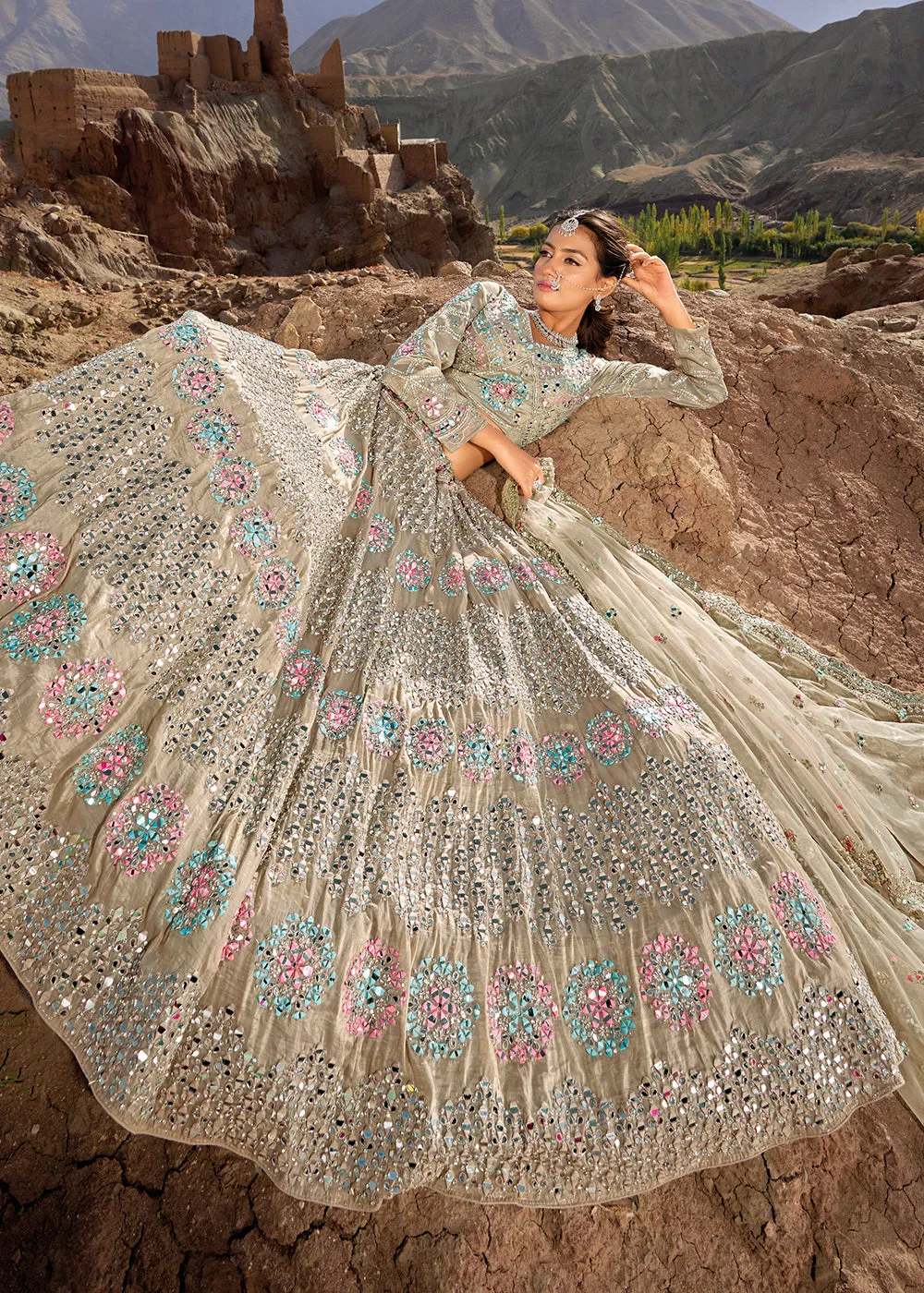 Beige Embroidered Pure Organza Designer Bridal Lehenga Choli