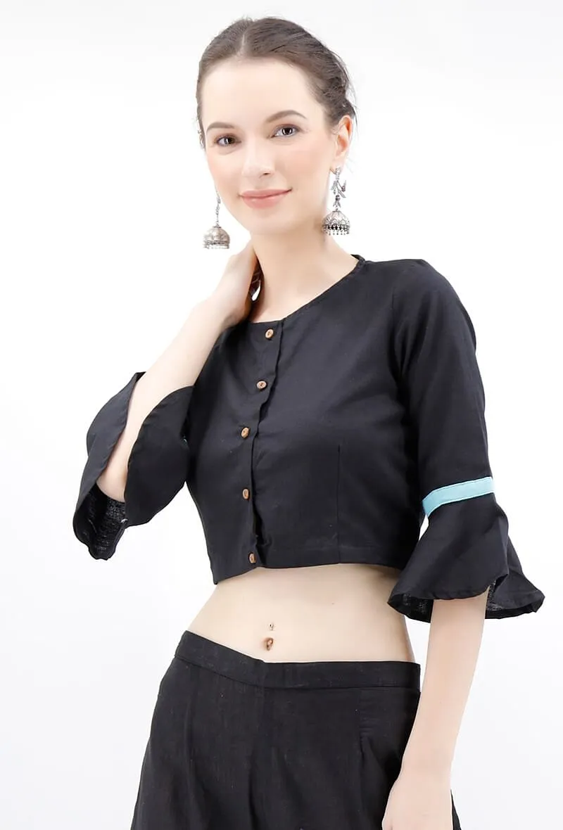 Black Cotton Blouse With Bell Sleeves