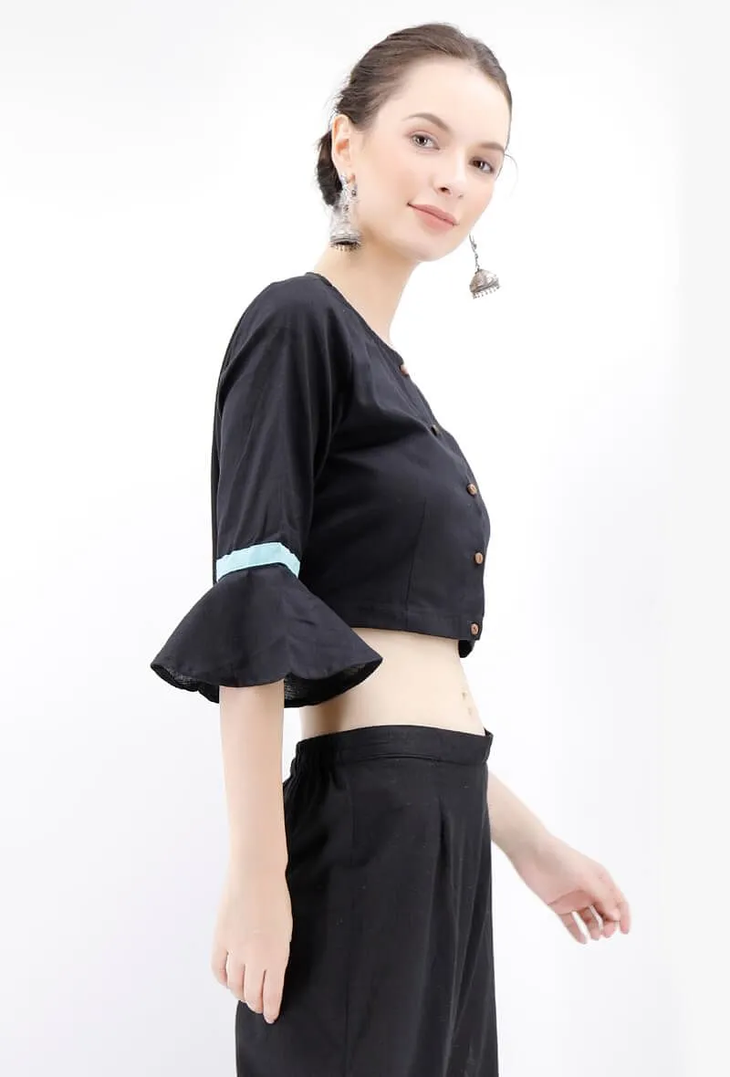 Black Cotton Blouse With Bell Sleeves