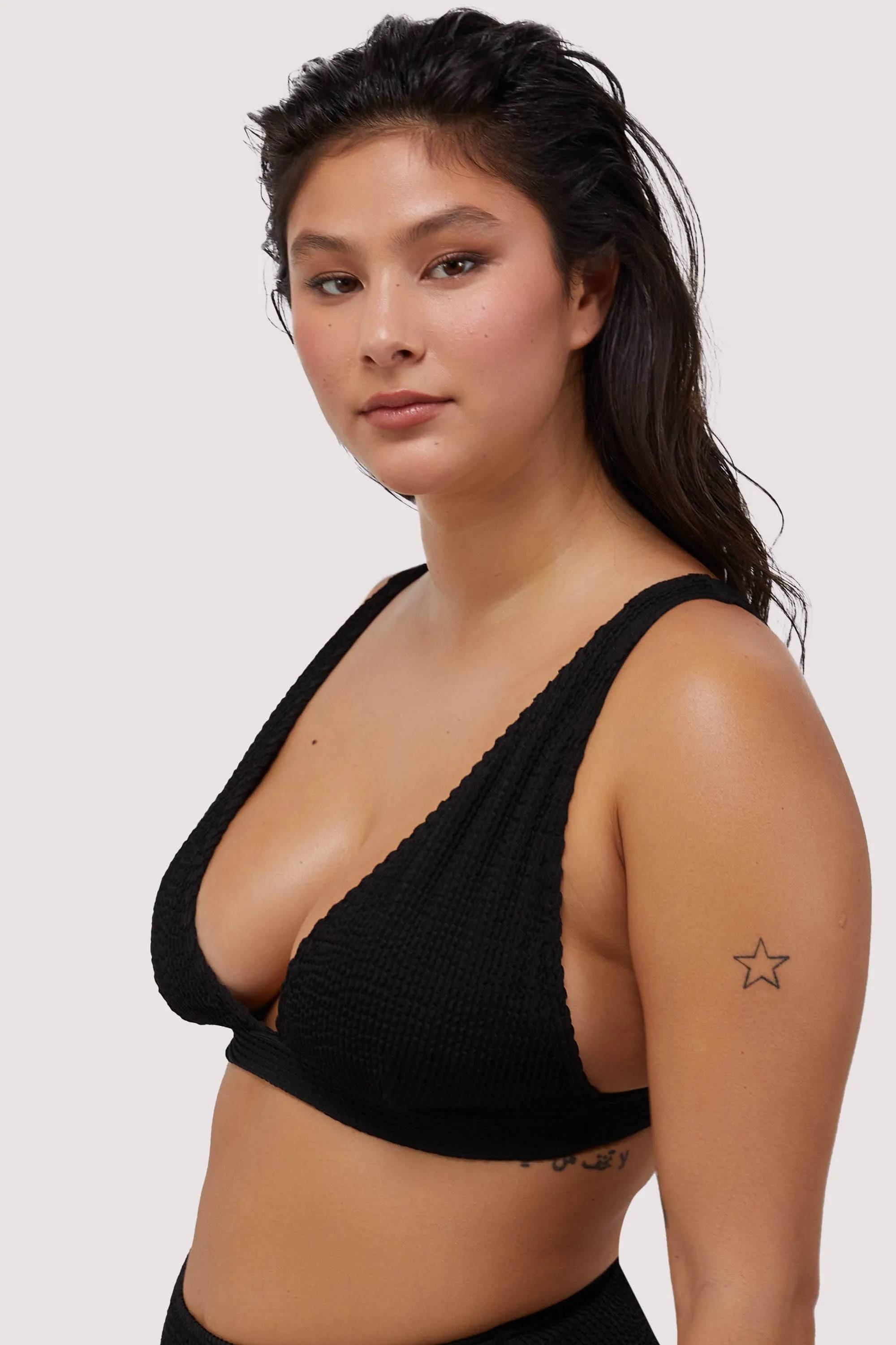 Black Textured Non Wired Plunge Bikini Top Fuller Bust Exclusive