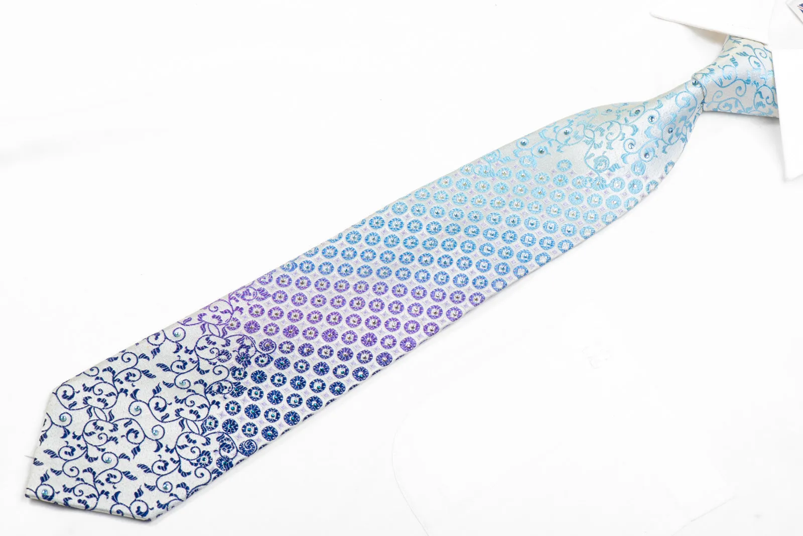 Blue Purple Acanthus Scrolls & Geometric On Pale Blue Rhinestone Necktie