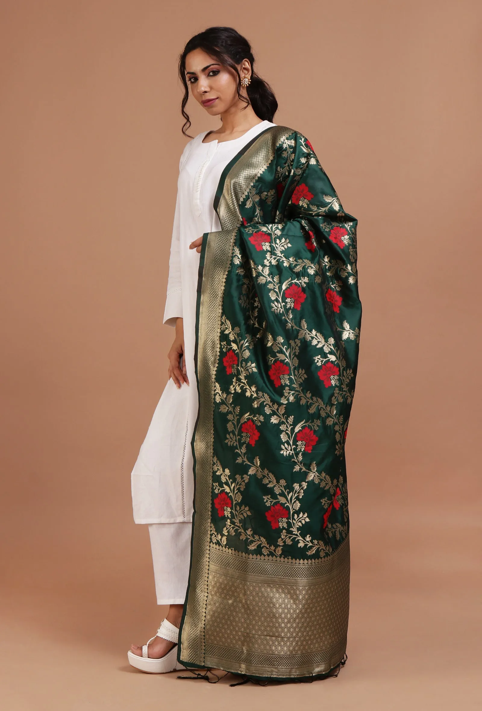 Bottle Green Color Semi Silk Dupatta With Zari Weaving