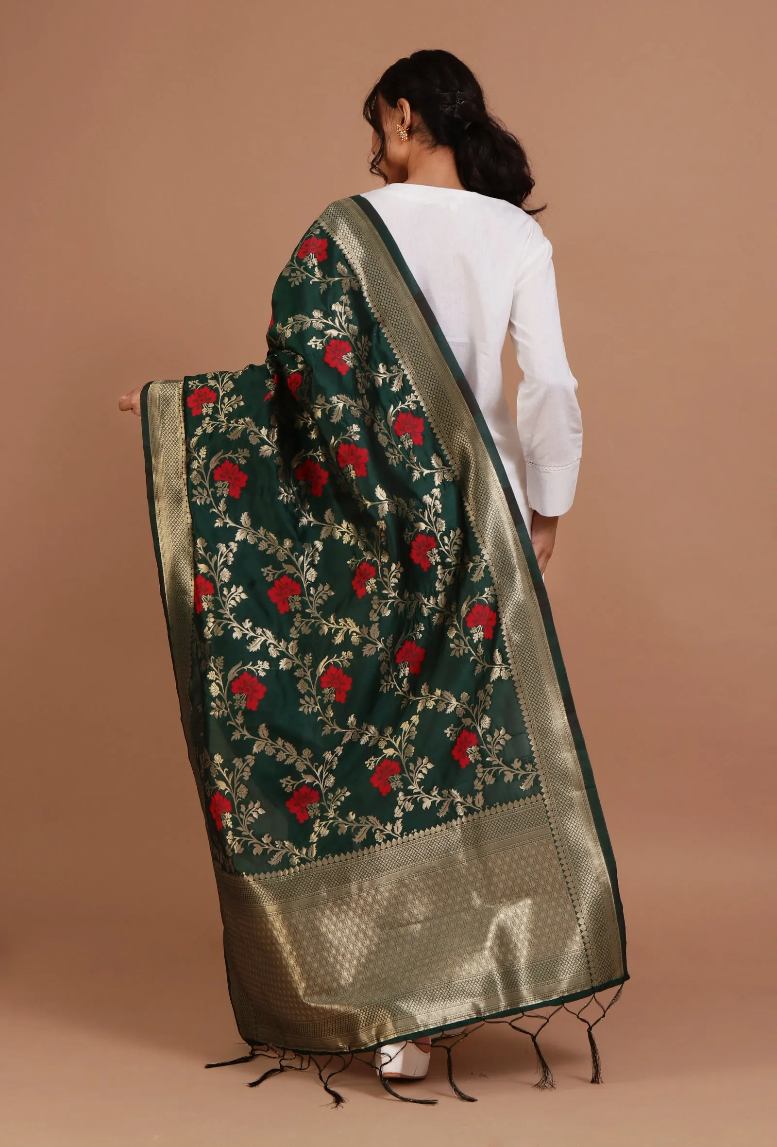 Bottle Green Color Semi Silk Dupatta With Zari Weaving