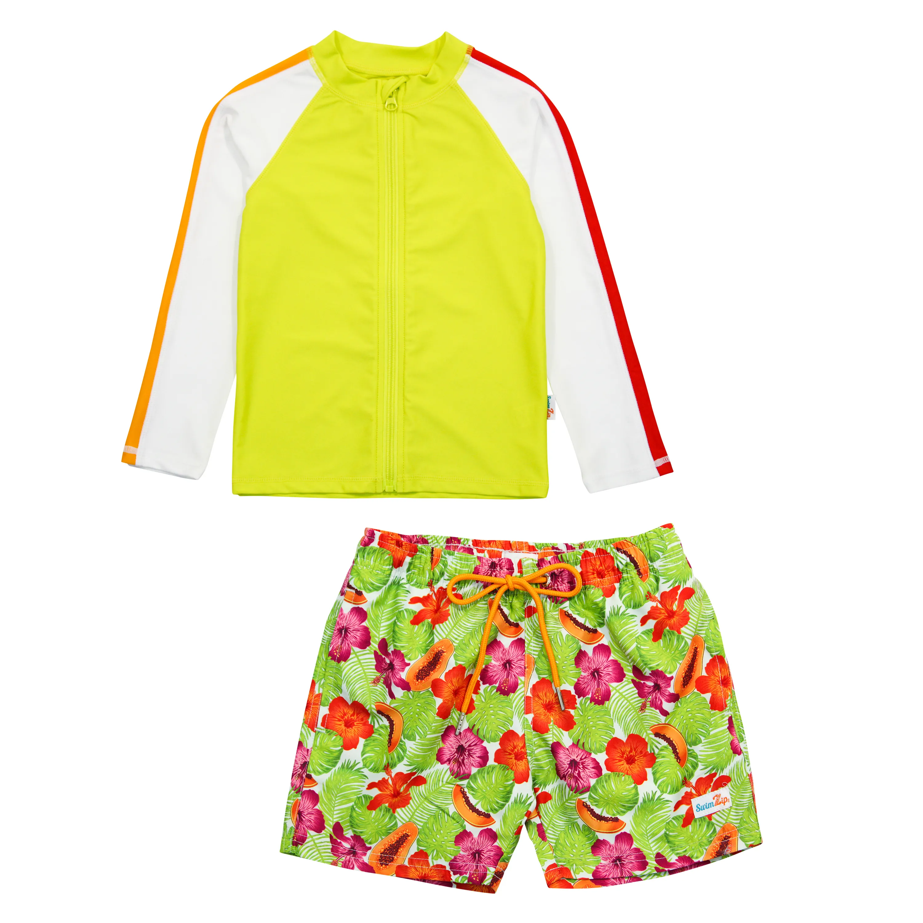 Boys Long Sleeve Zipper Rash Guard and Swim Trunk Set | "Hibiscus"