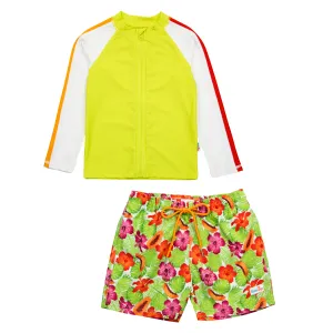 Boys Long Sleeve Zipper Rash Guard and Swim Trunk Set | "Hibiscus"