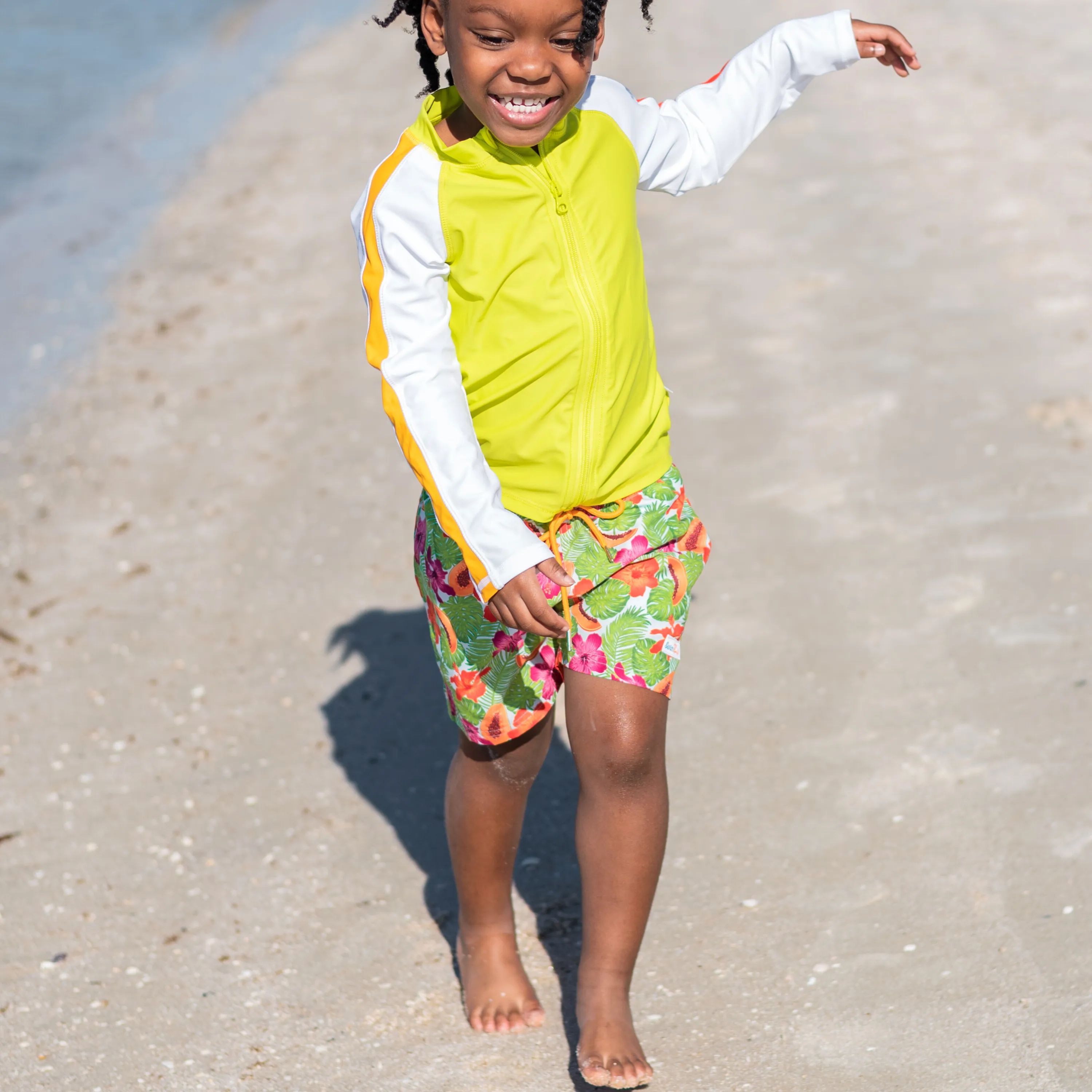 Boys Long Sleeve Zipper Rash Guard and Swim Trunk Set | "Hibiscus"