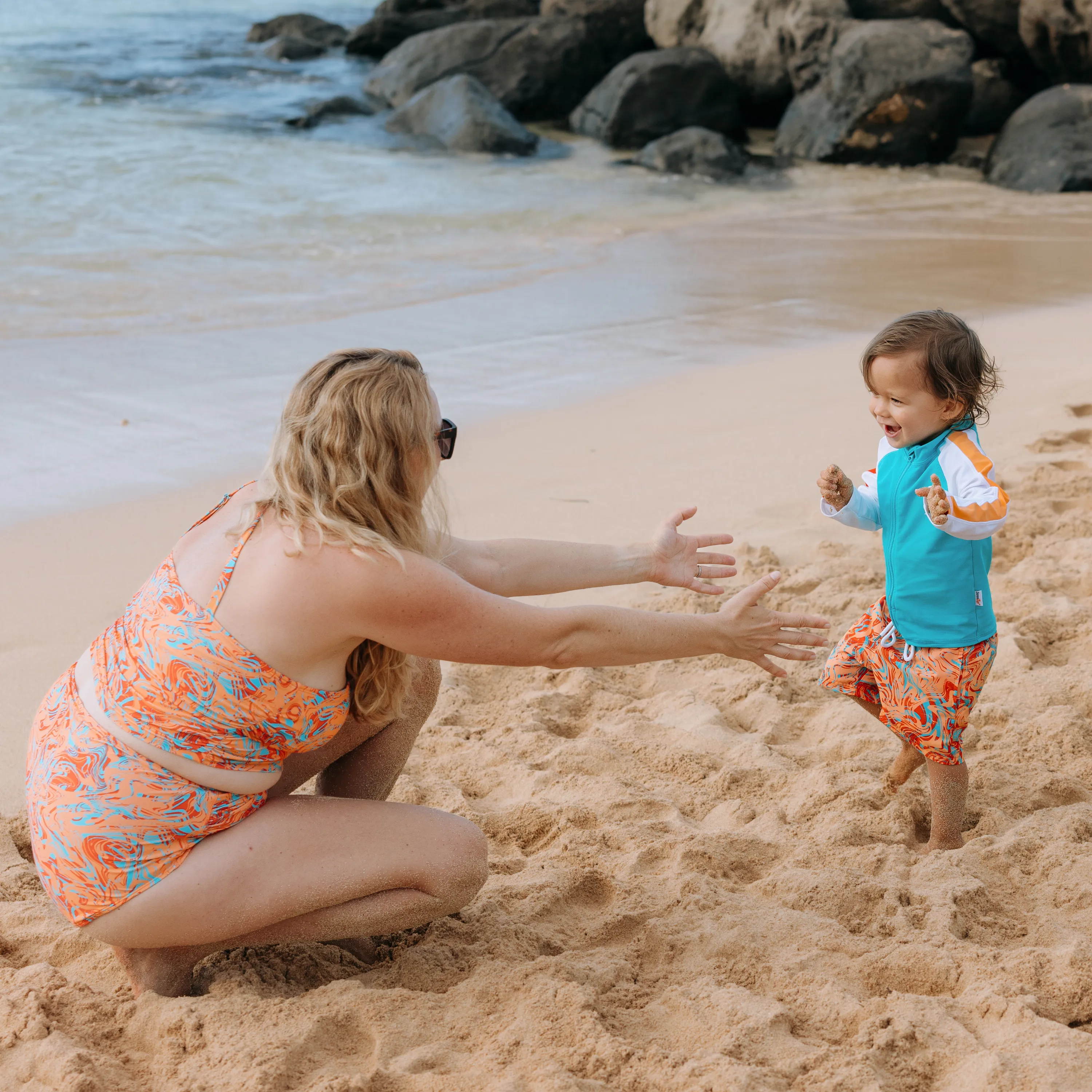 Boys Long Sleeve Zipper Rash Guard and Swim Trunk Set | "Swirl"