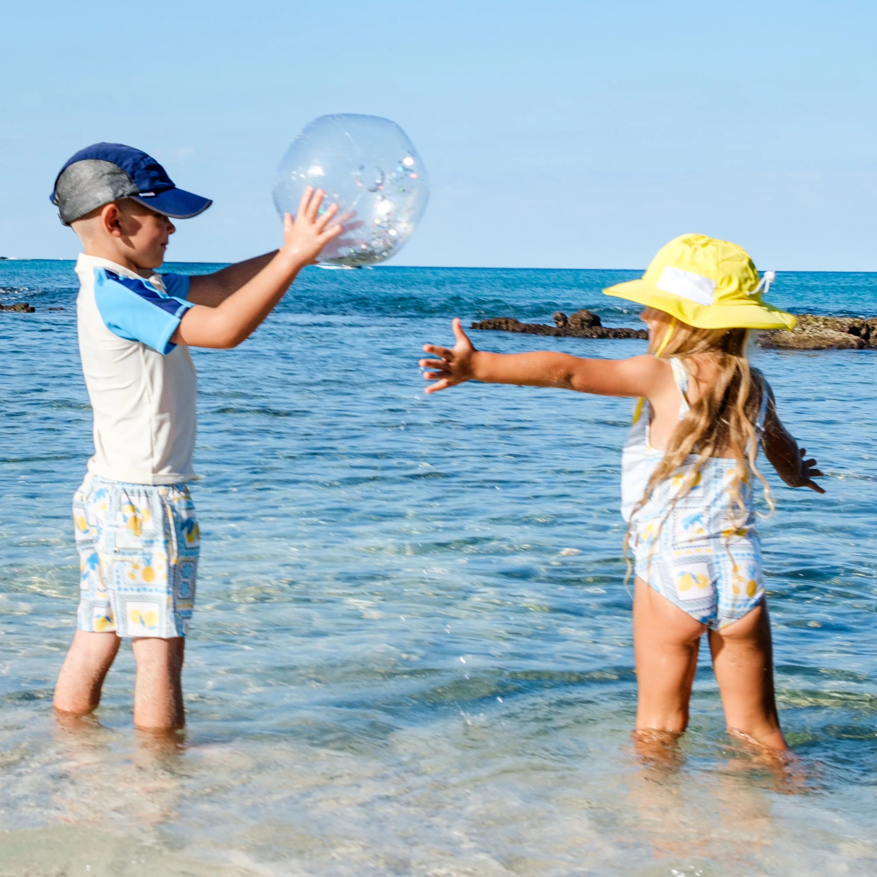 Boys Short Sleeve Zipper Rash Guard and Swim Trunk Set | "Mediterranean Lemons"