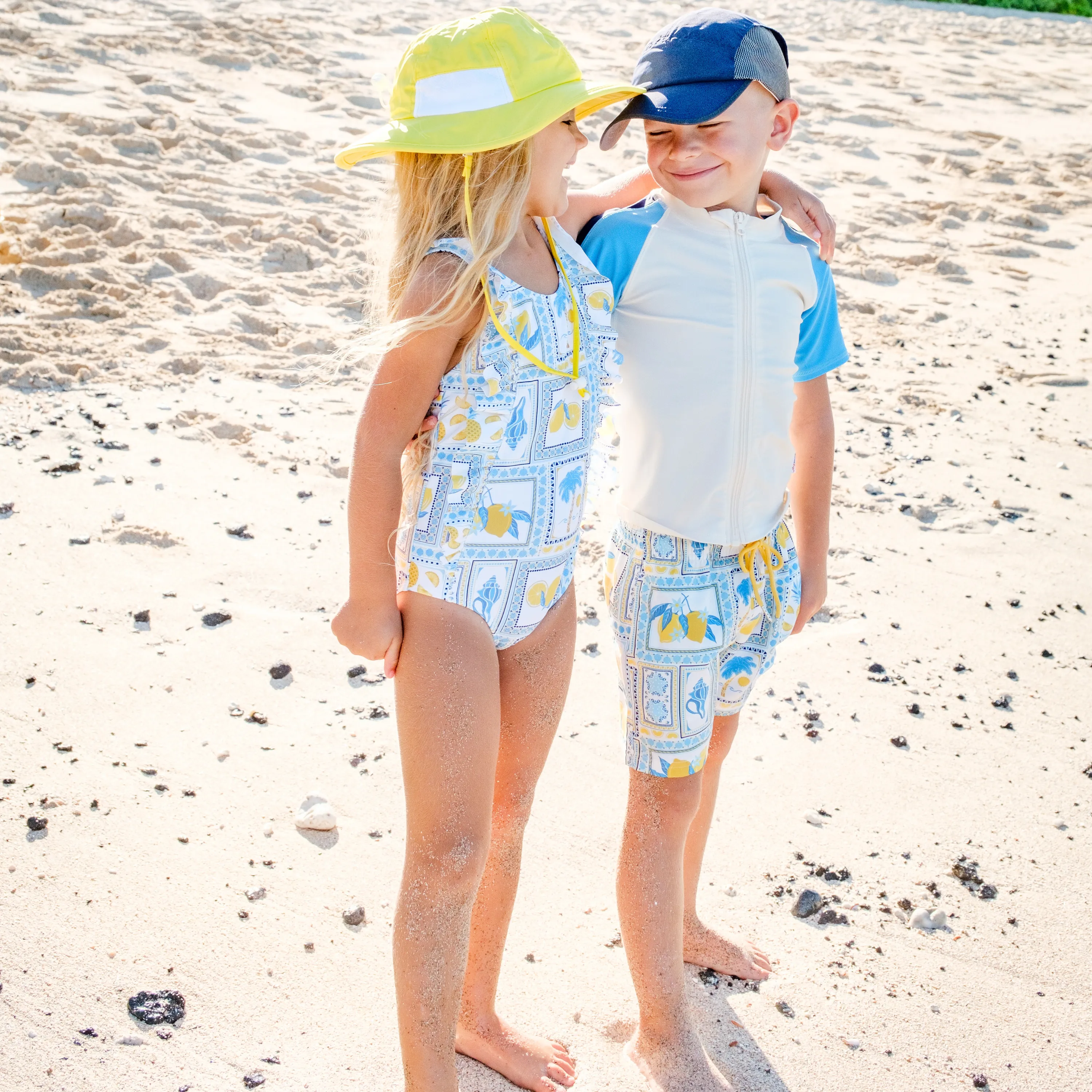 Boys Short Sleeve Zipper Rash Guard and Swim Trunk Set | "Mediterranean Lemons"