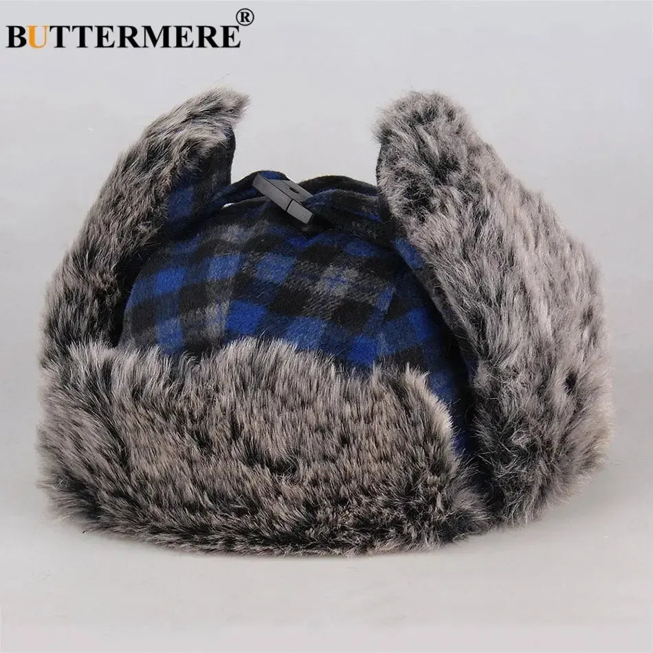 BUTTERMERE Winter Hats for Mens Bomber Hat Fur Red Warm Earflap Cap Windproof Women Thicker Plaid Russian Ushanka Hat Black Blue