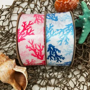 Coral Reef ribbon in pink and blue  printed on 1.5" white satin