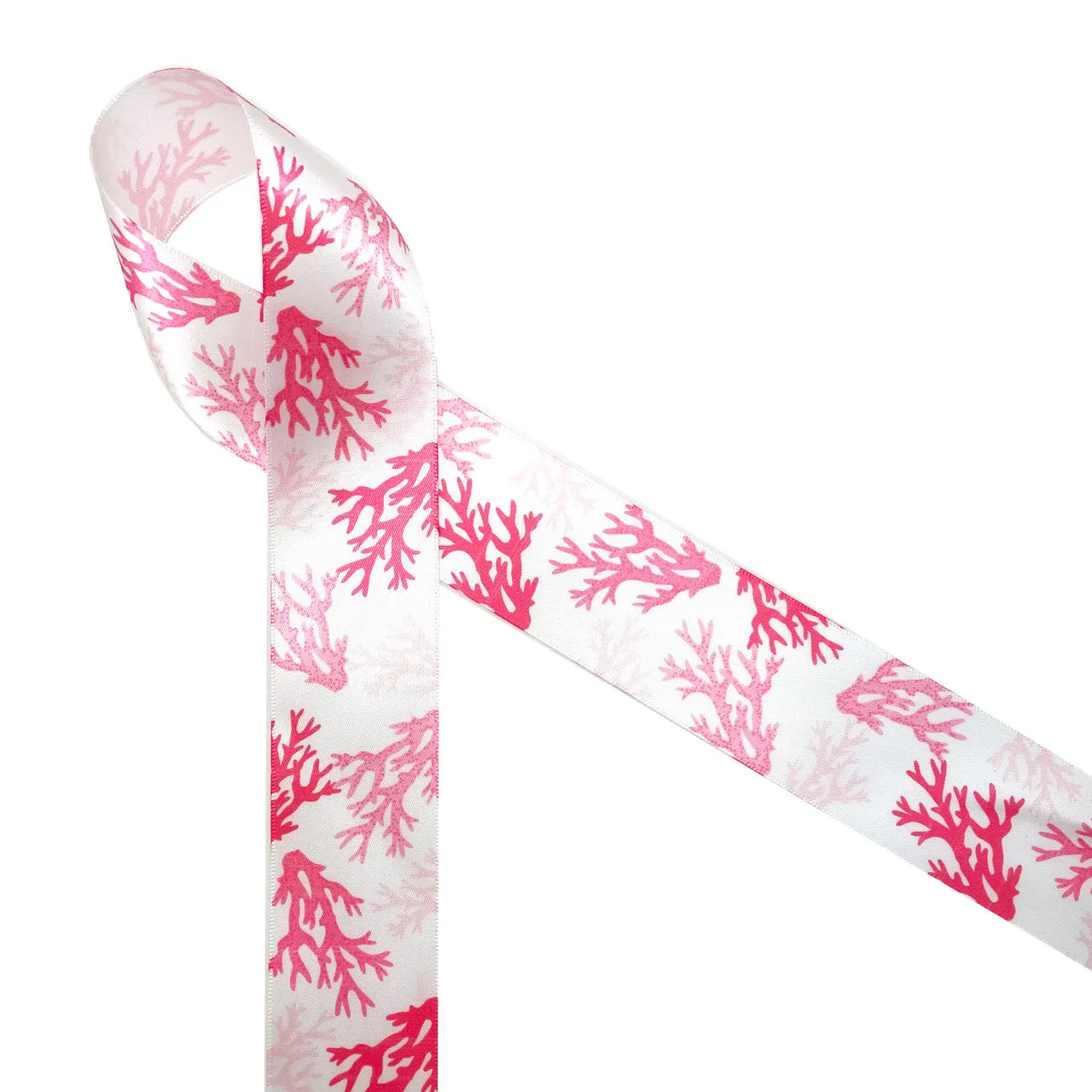 Coral Reef ribbon in pink and blue  printed on 1.5" white satin