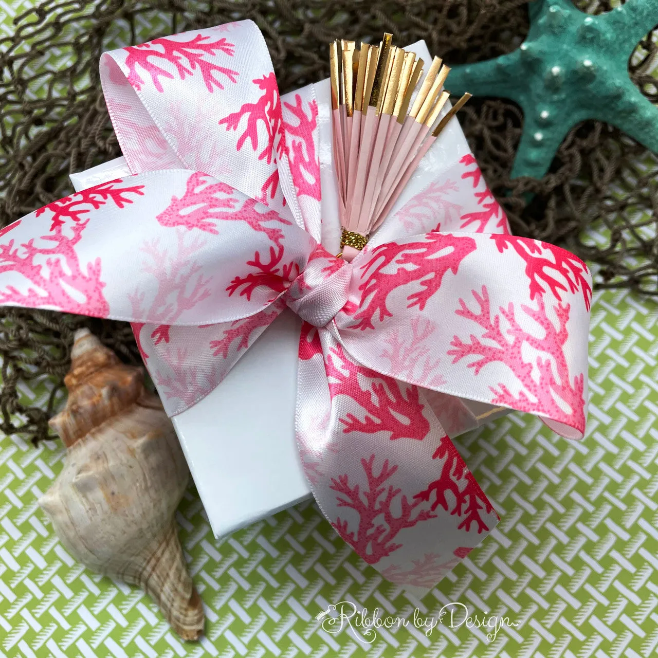 Coral Reef ribbon in pink and blue  printed on 1.5" white satin