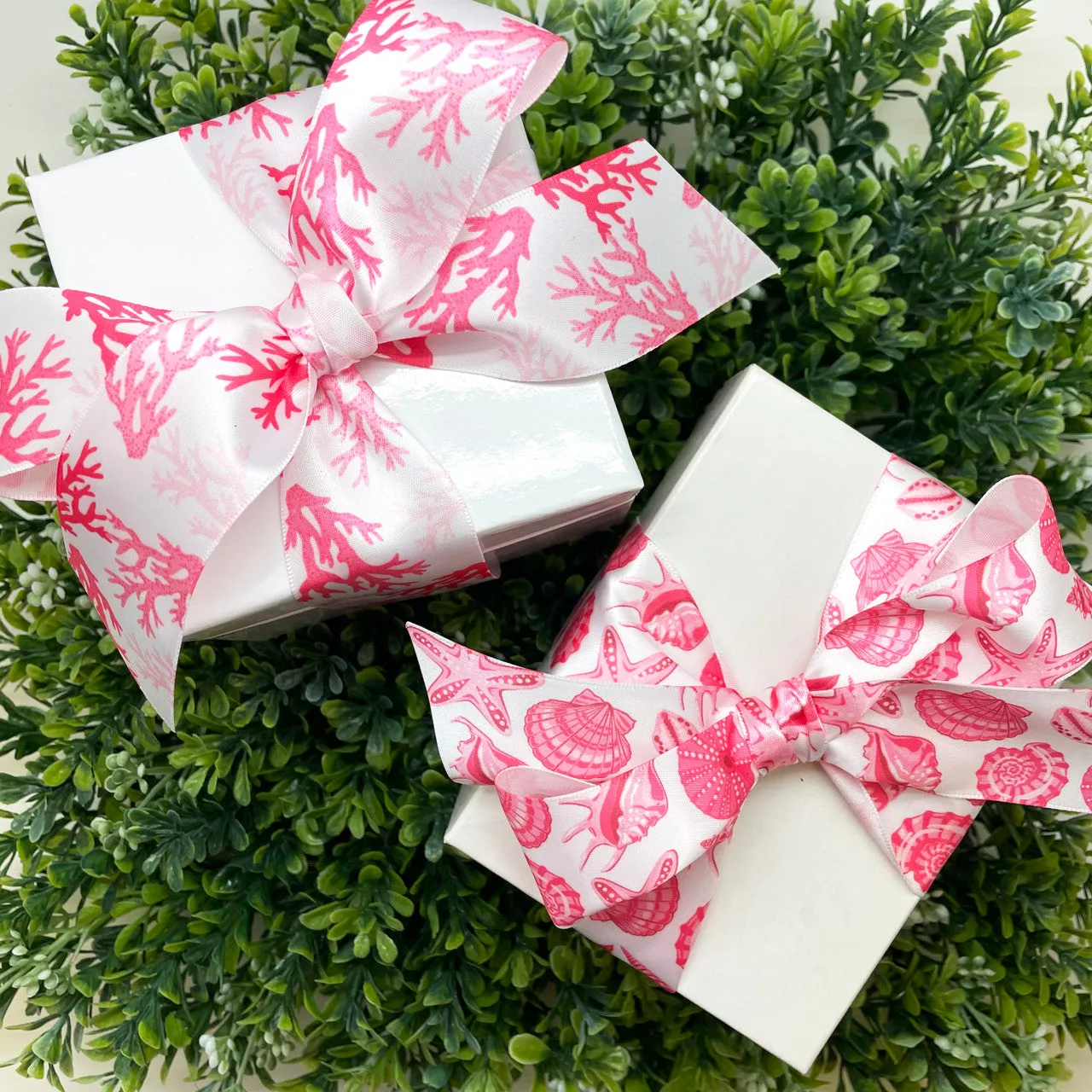 Coral Reef ribbon in pink and blue  printed on 1.5" white satin