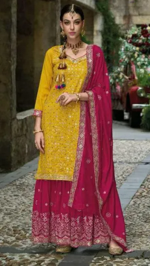Elegant Party Wear Yellow Colored Designer Palazzo Suits For Women