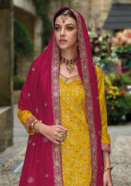 Elegant Party Wear Yellow Colored Designer Palazzo Suits For Women