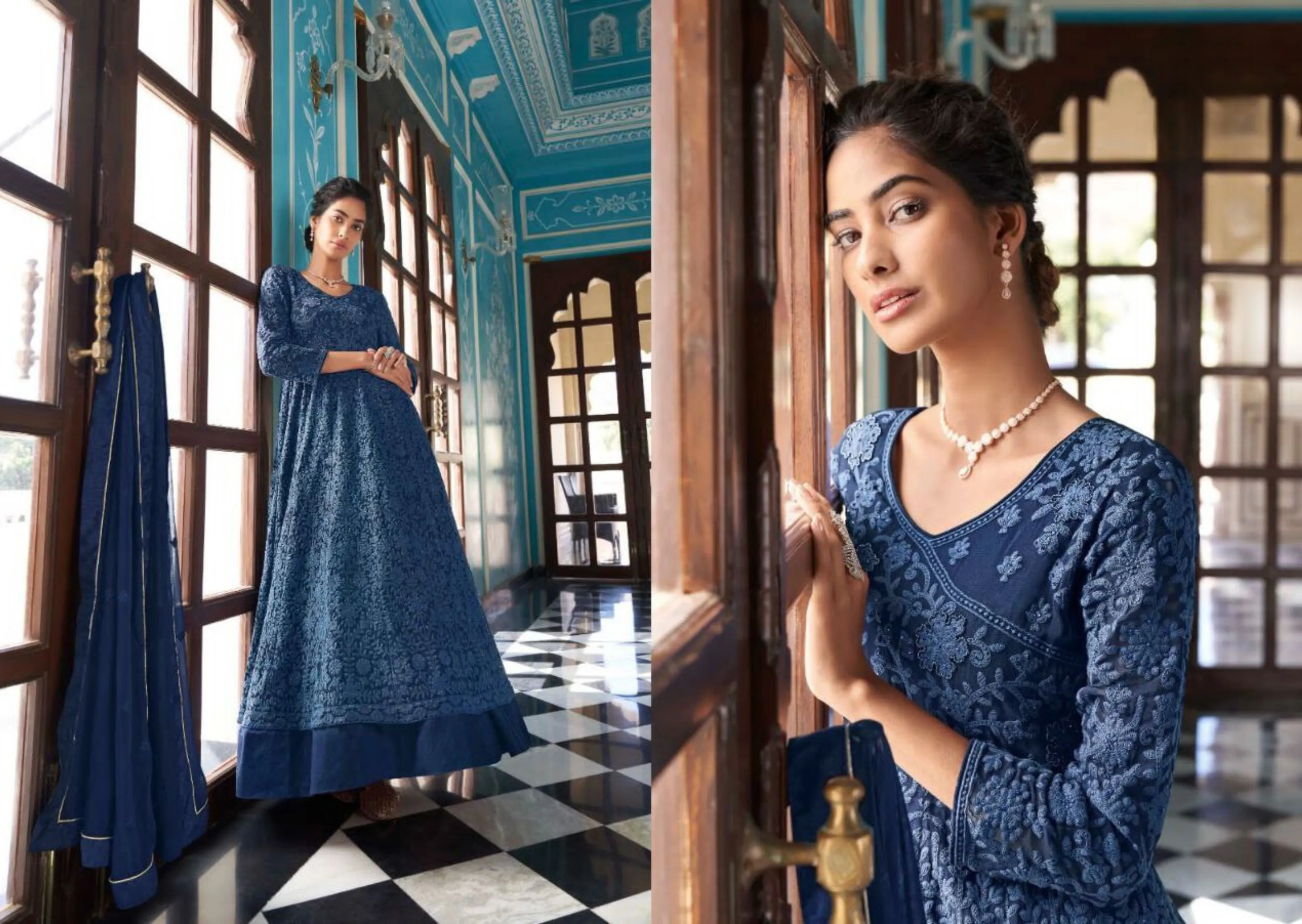 Embroidered Faux Georgette Suit in Navy Blue