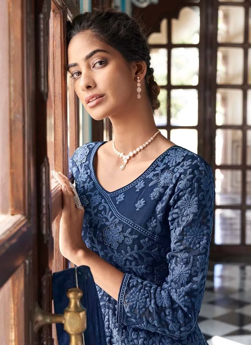 Embroidered Faux Georgette Suit in Navy Blue