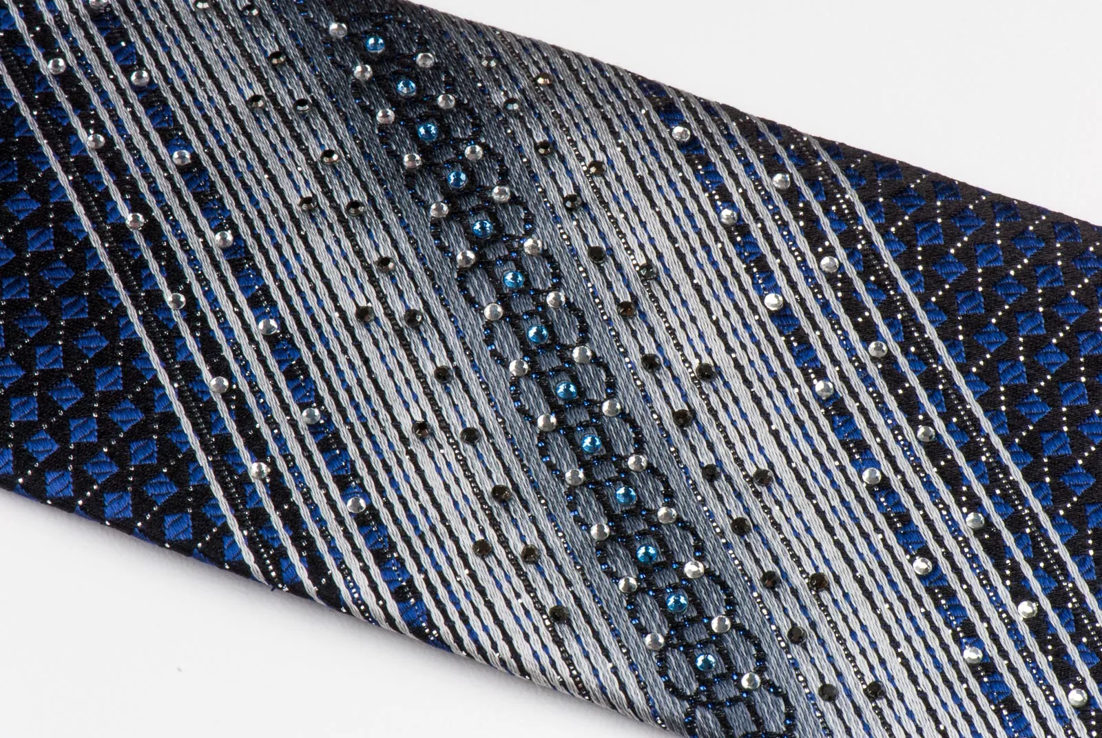 GGio Men's Silk Rhinestone Neck Tie Silver Stripes & Blue Squares On Black