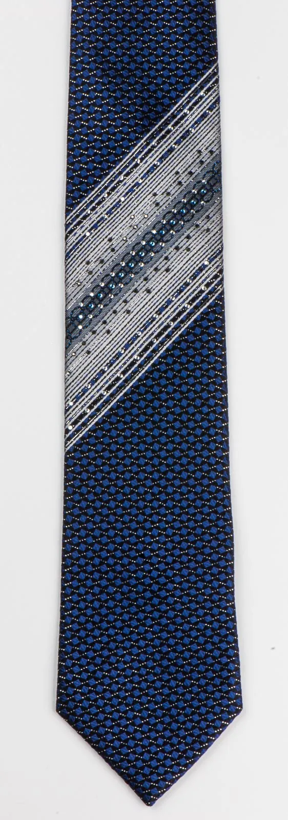 GGio Men's Silk Rhinestone Neck Tie Silver Stripes & Blue Squares On Black