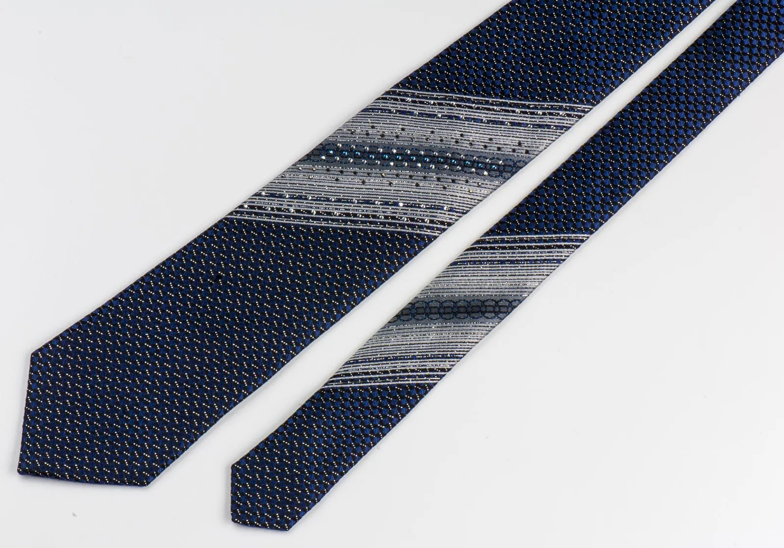 GGio Men's Silk Rhinestone Neck Tie Silver Stripes & Blue Squares On Black