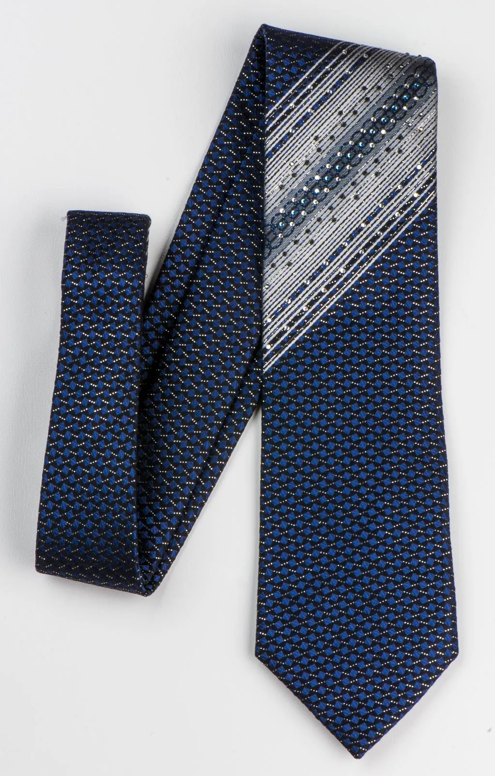 GGio Men's Silk Rhinestone Neck Tie Silver Stripes & Blue Squares On Black