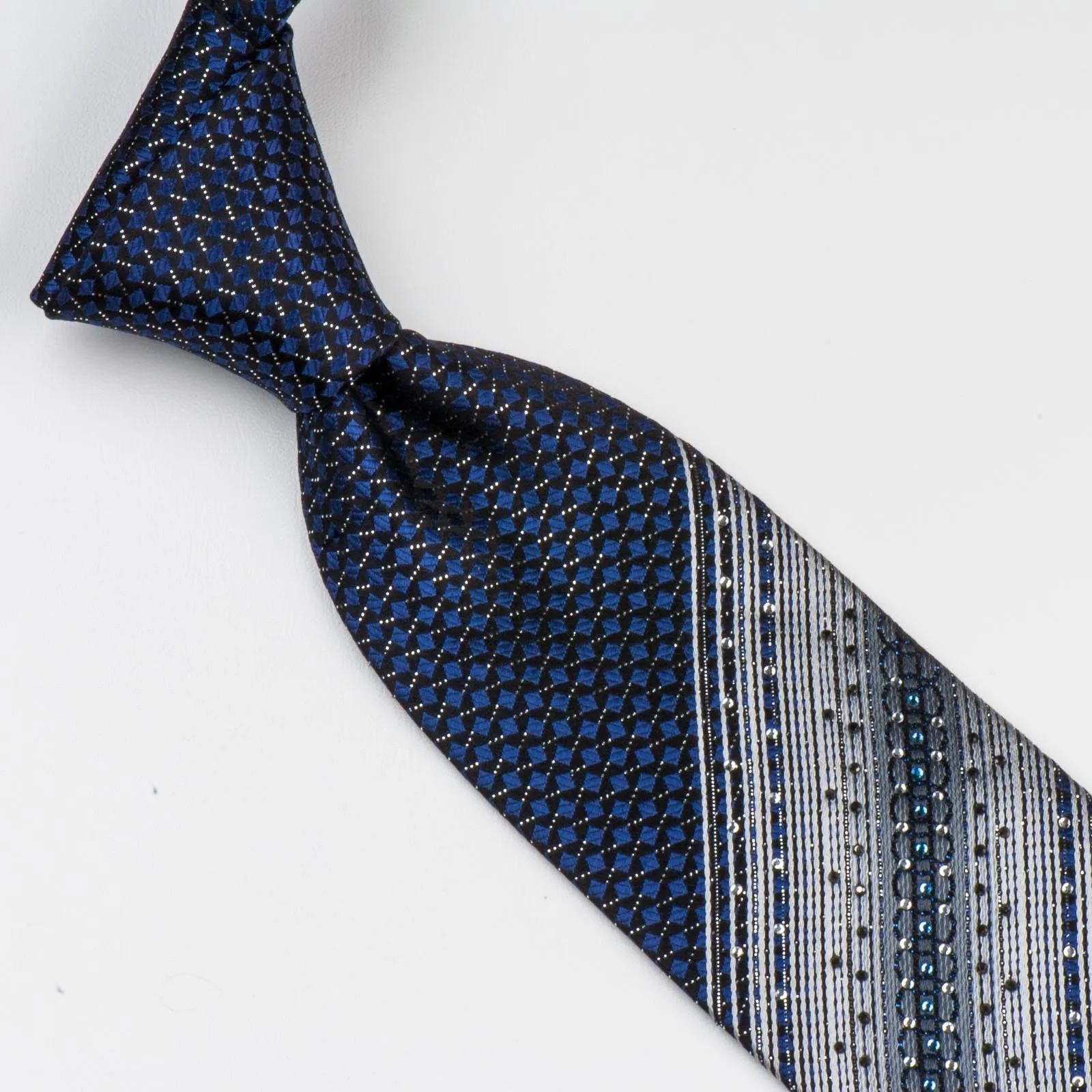 GGio Men's Silk Rhinestone Neck Tie Silver Stripes & Blue Squares On Black
