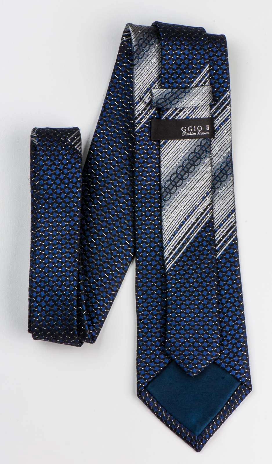 GGio Men's Silk Rhinestone Neck Tie Silver Stripes & Blue Squares On Black