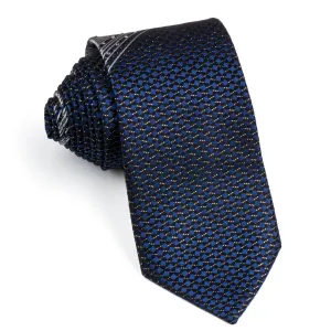 GGio Men's Silk Rhinestone Neck Tie Silver Stripes & Blue Squares On Black