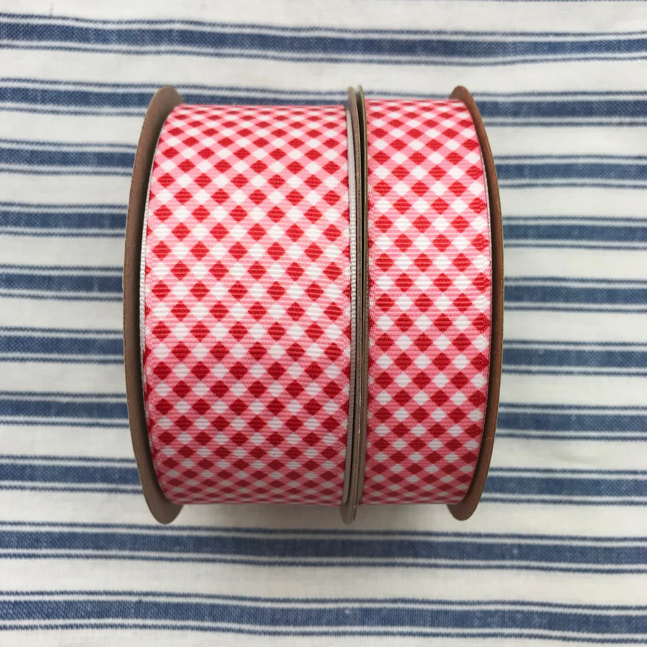 Gingham Check Ribbon in red and white on 1.5" White grosgrain