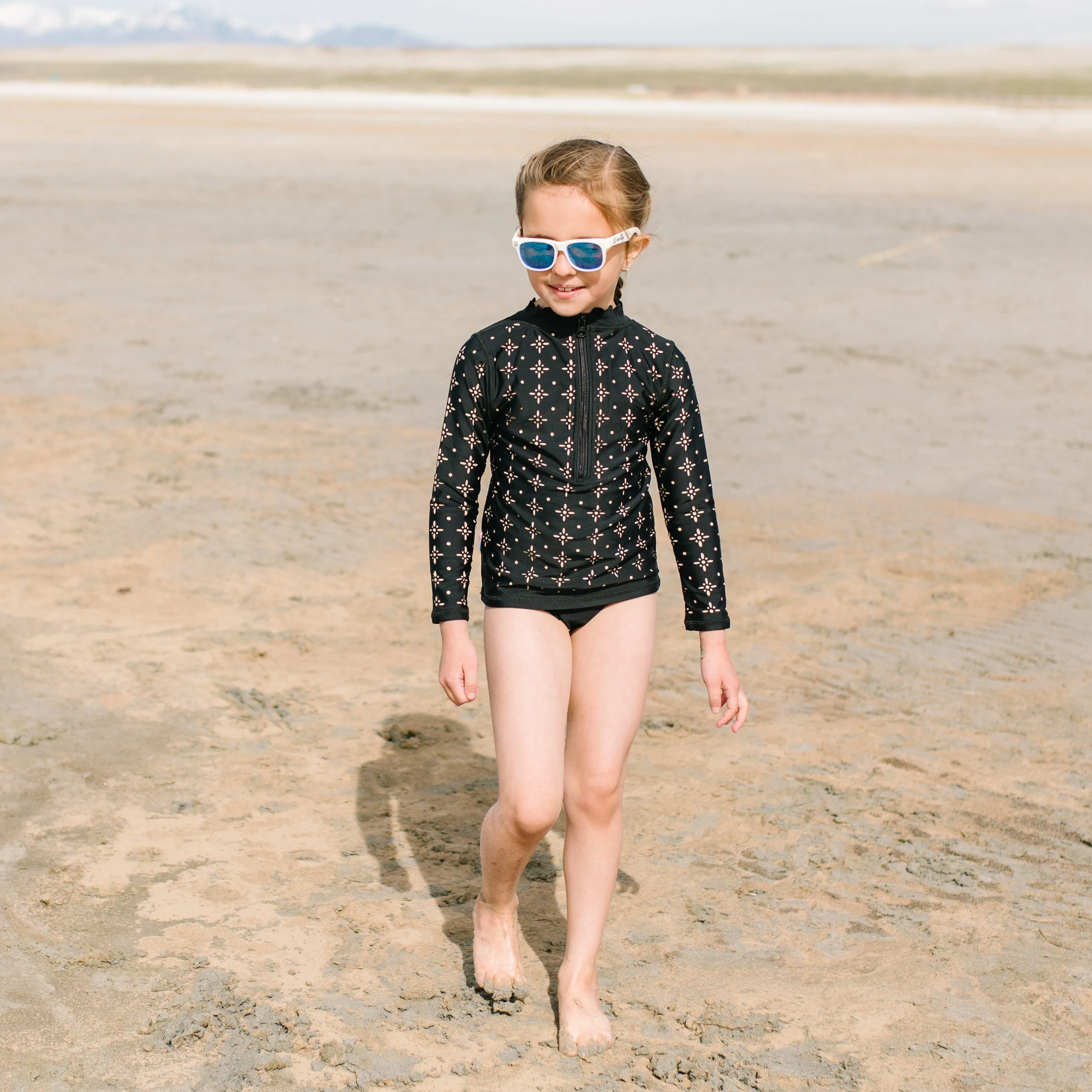 Girls Long Sleeve Rash Guard Scallop Neck   Swim Bottoms Set - “Black”