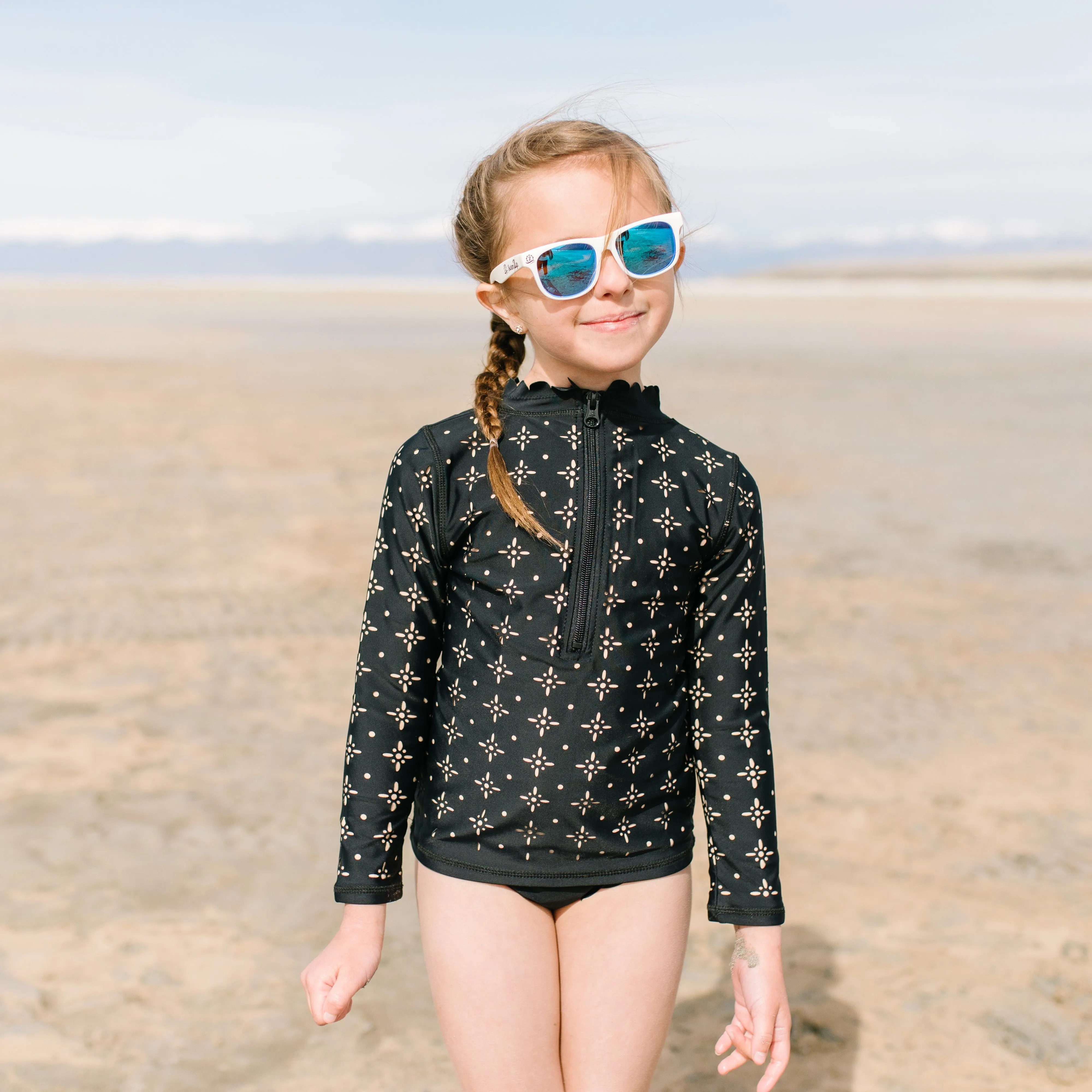 Girls Long Sleeve Rash Guard Scallop Neck   Swim Bottoms Set - “Black”