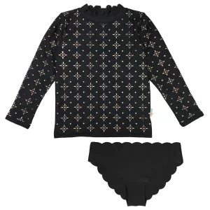Girls Long Sleeve Rash Guard Scallop Neck   Swim Bottoms Set - “Black”