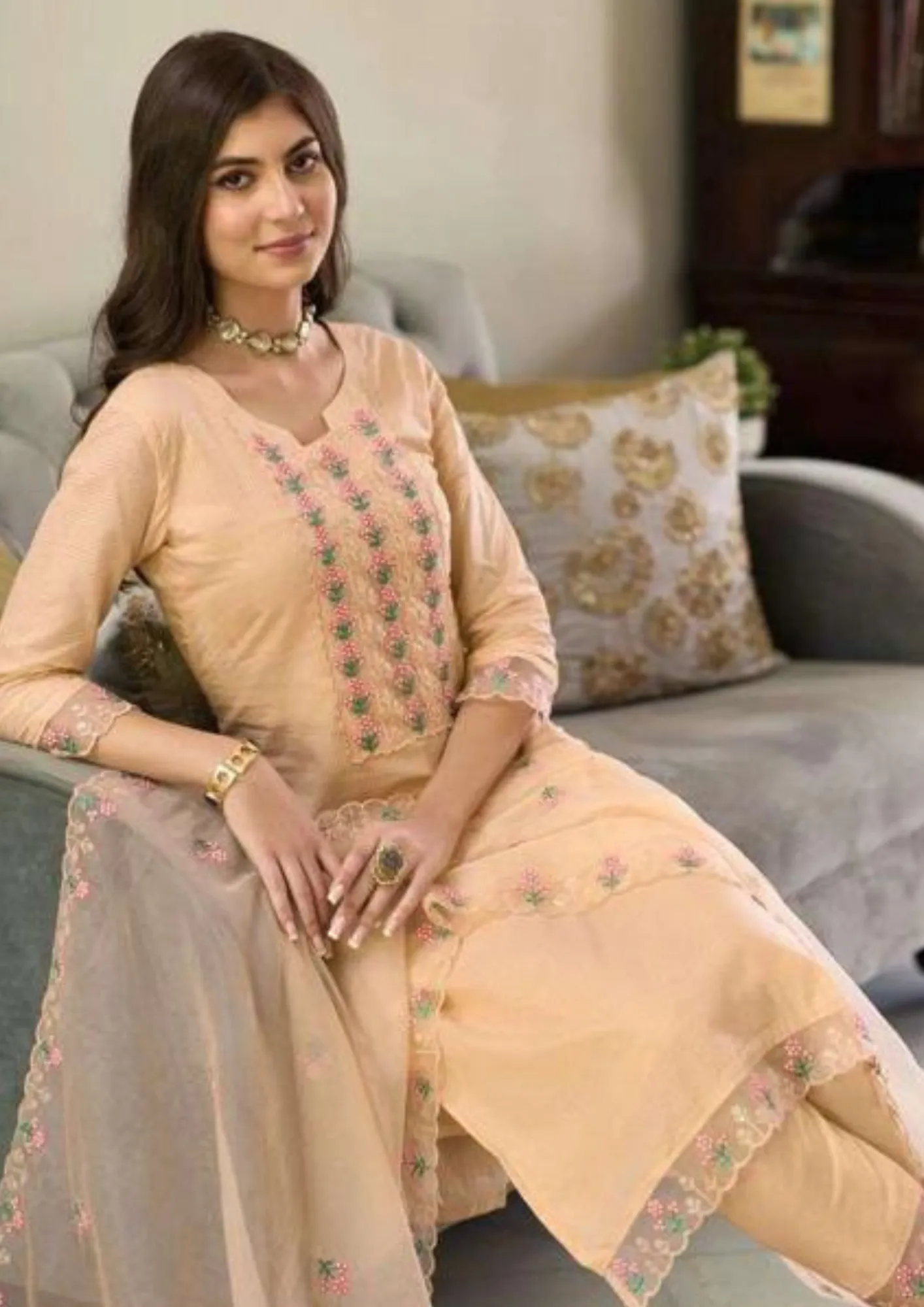 Gorgeous Orange Color Fancy Embroidery Work Kurti With Dupatta