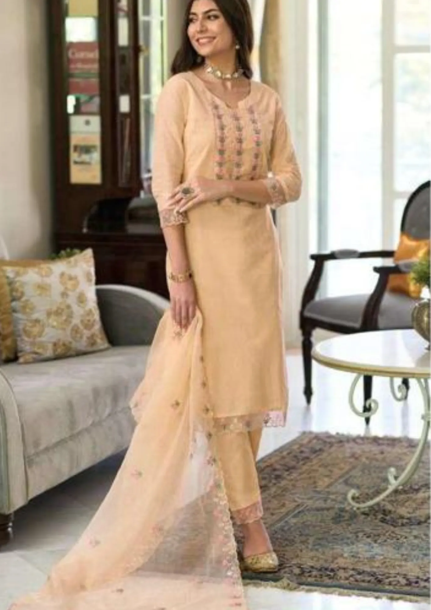 Gorgeous Orange Color Fancy Embroidery Work Kurti With Dupatta