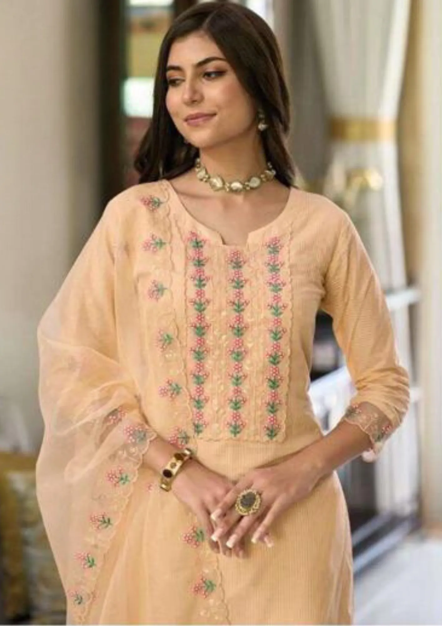 Gorgeous Orange Color Fancy Embroidery Work Kurti With Dupatta
