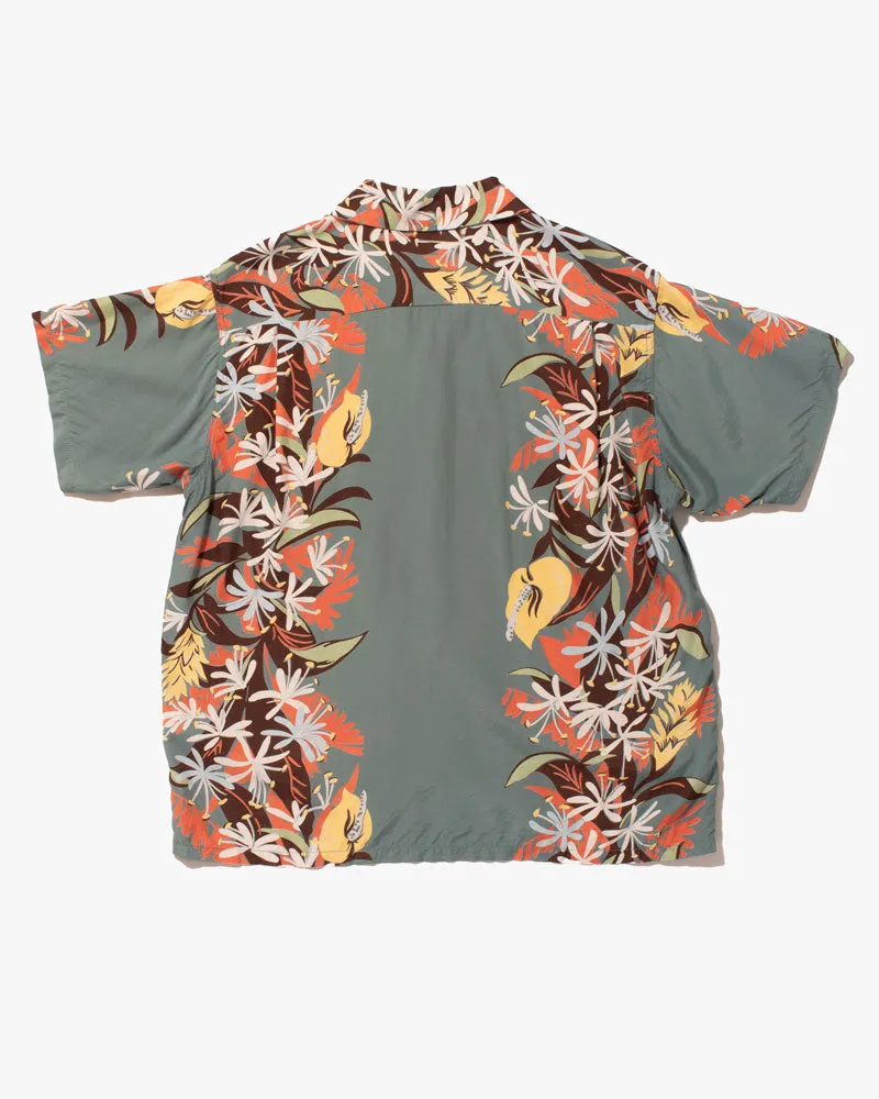 Japanese Repro Shirt, Aloha Short Sleeve, Sun Surf Brand, Green with Flowers - S
