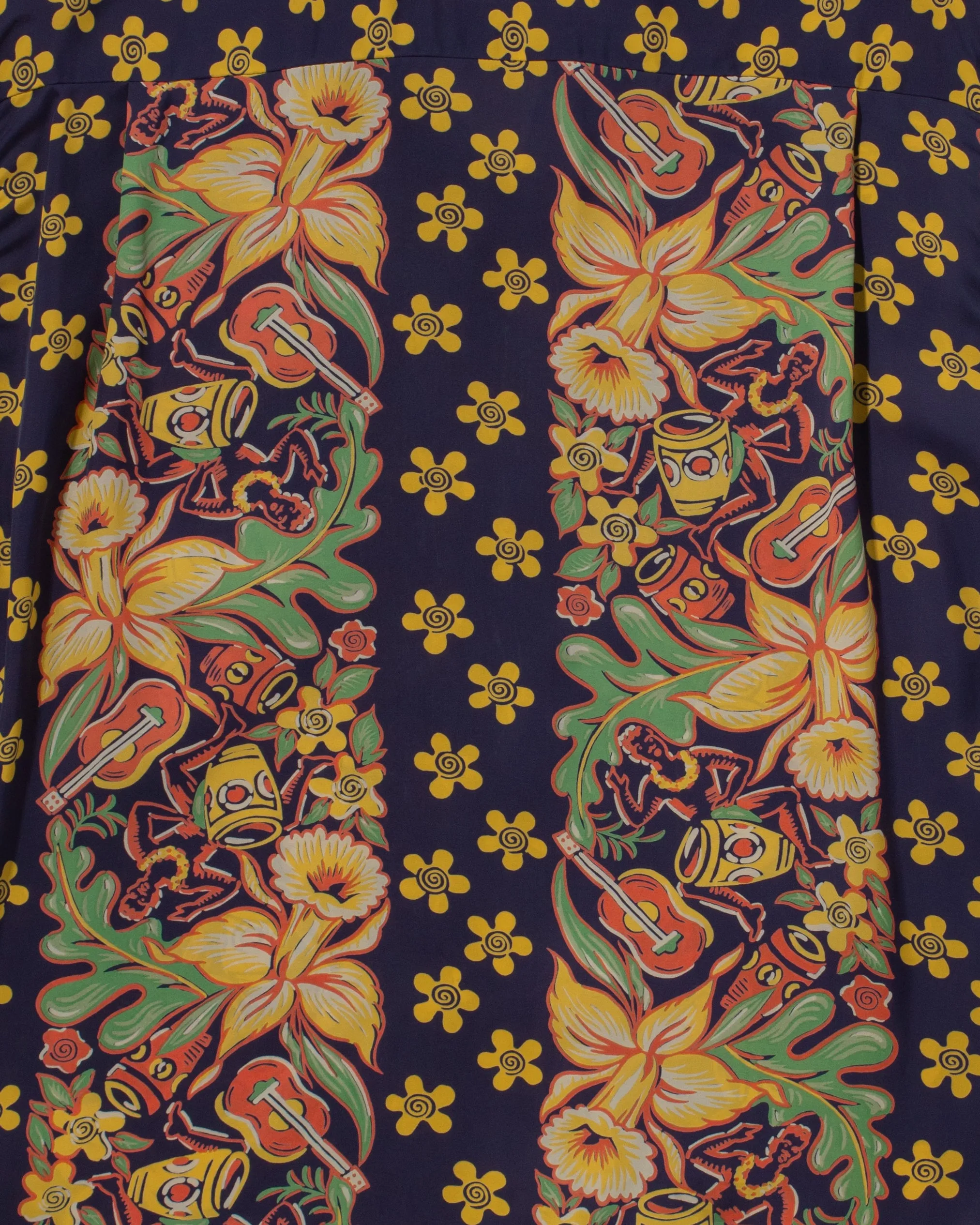 Japanese Repro, Short Sleeve Aloha Shirt, Sun Surf Brand, Navy Blue with Coral, Green, and Yellow Flowers
