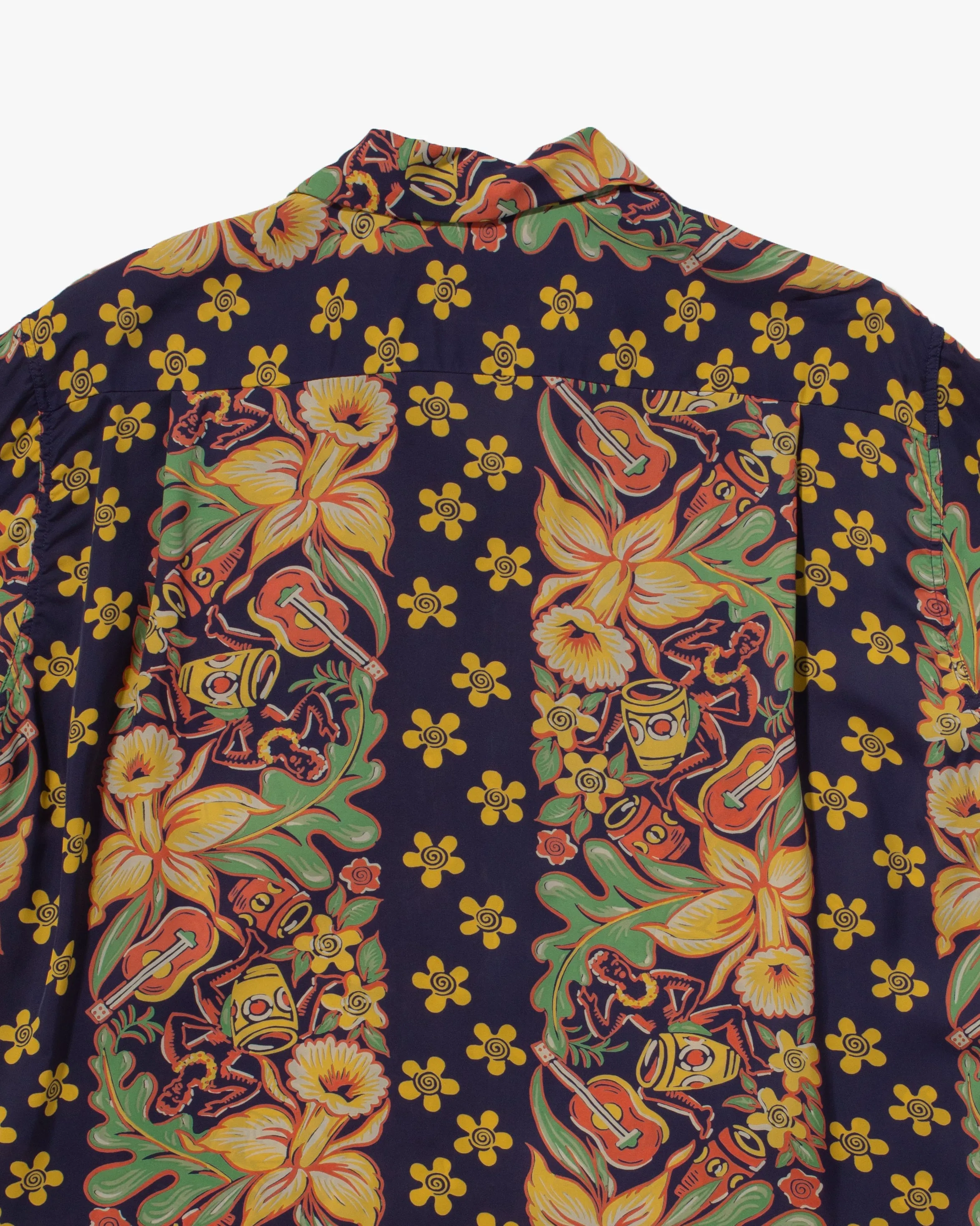 Japanese Repro, Short Sleeve Aloha Shirt, Sun Surf Brand, Navy Blue with Coral, Green, and Yellow Flowers