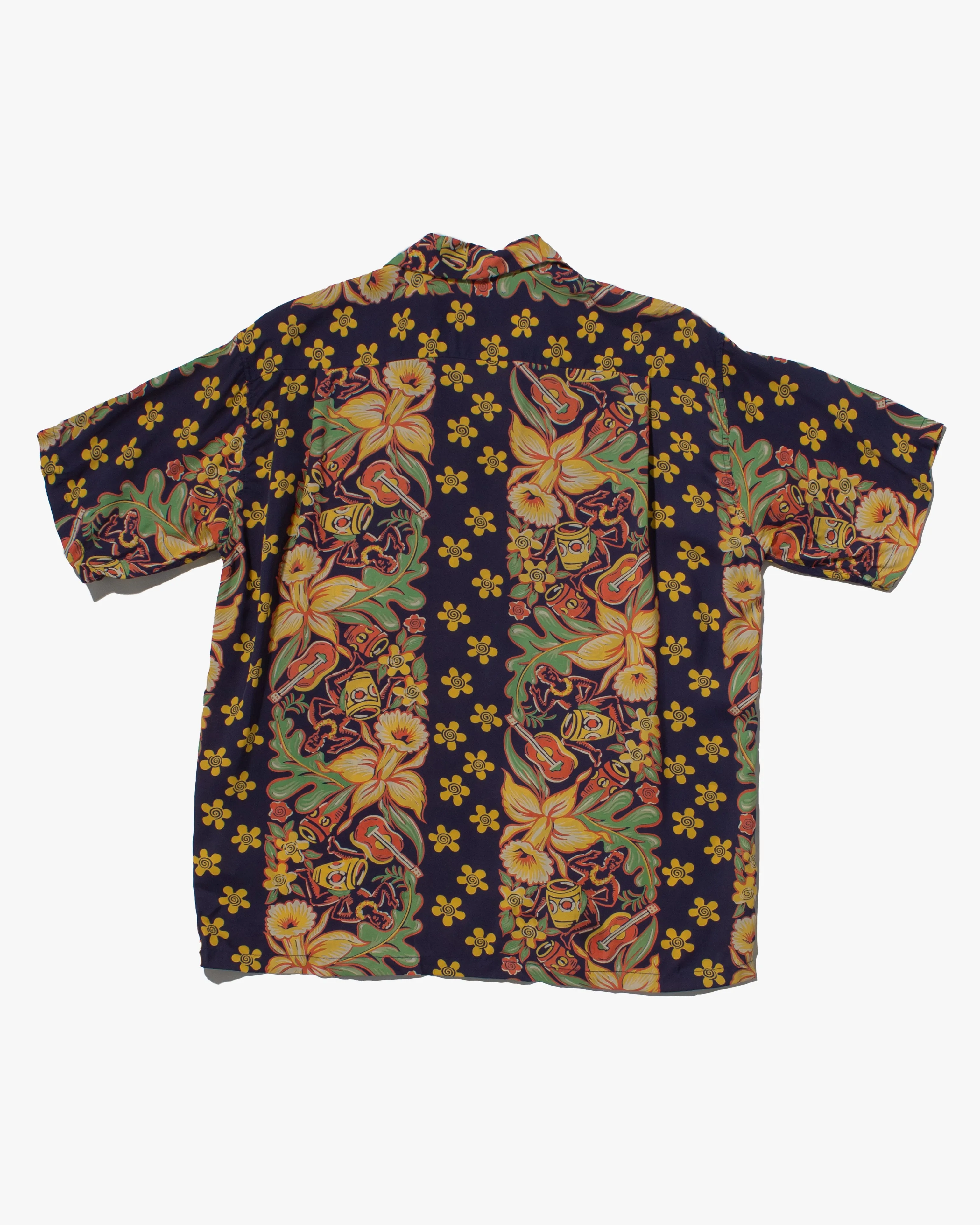 Japanese Repro, Short Sleeve Aloha Shirt, Sun Surf Brand, Navy Blue with Coral, Green, and Yellow Flowers
