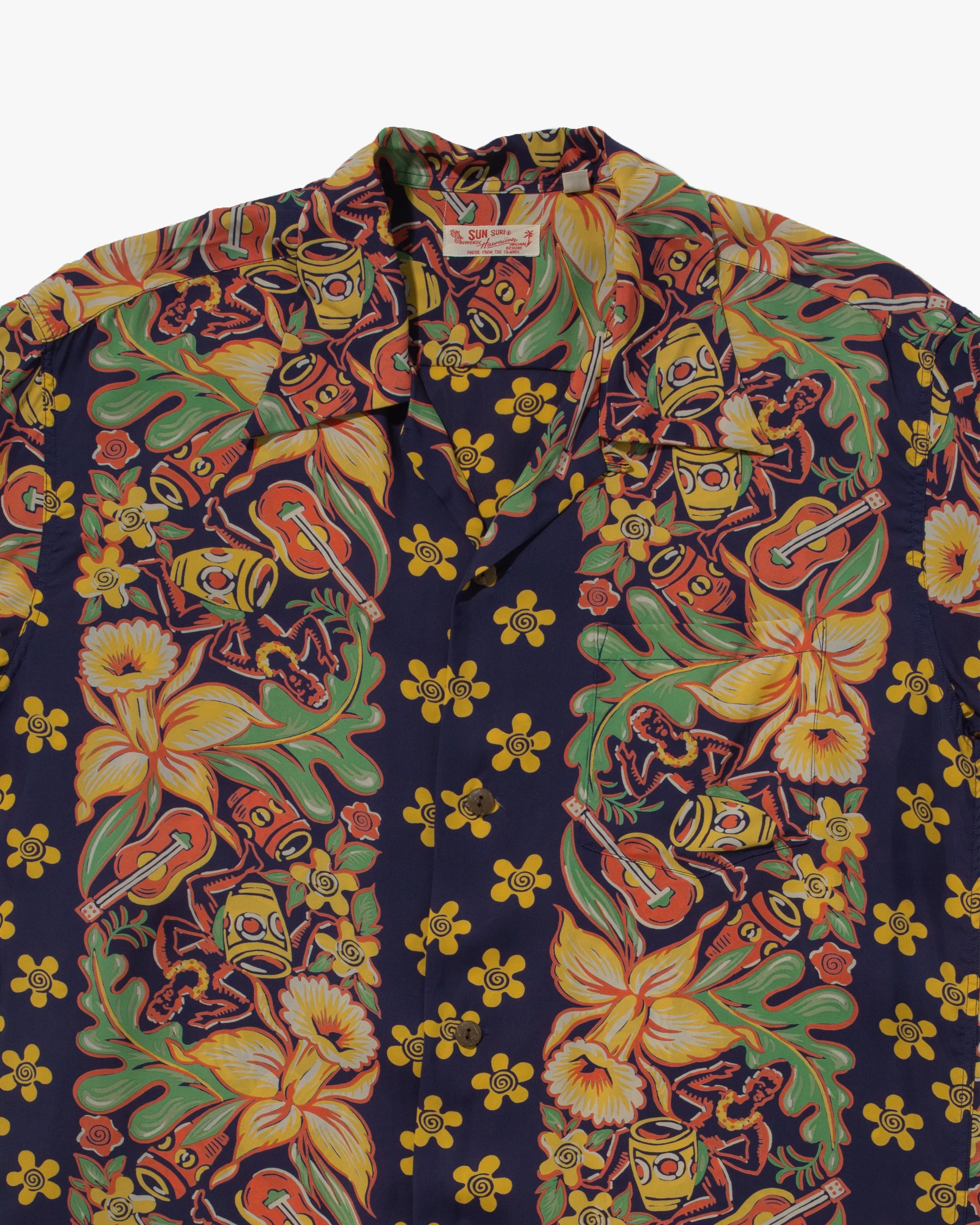 Japanese Repro, Short Sleeve Aloha Shirt, Sun Surf Brand, Navy Blue with Coral, Green, and Yellow Flowers