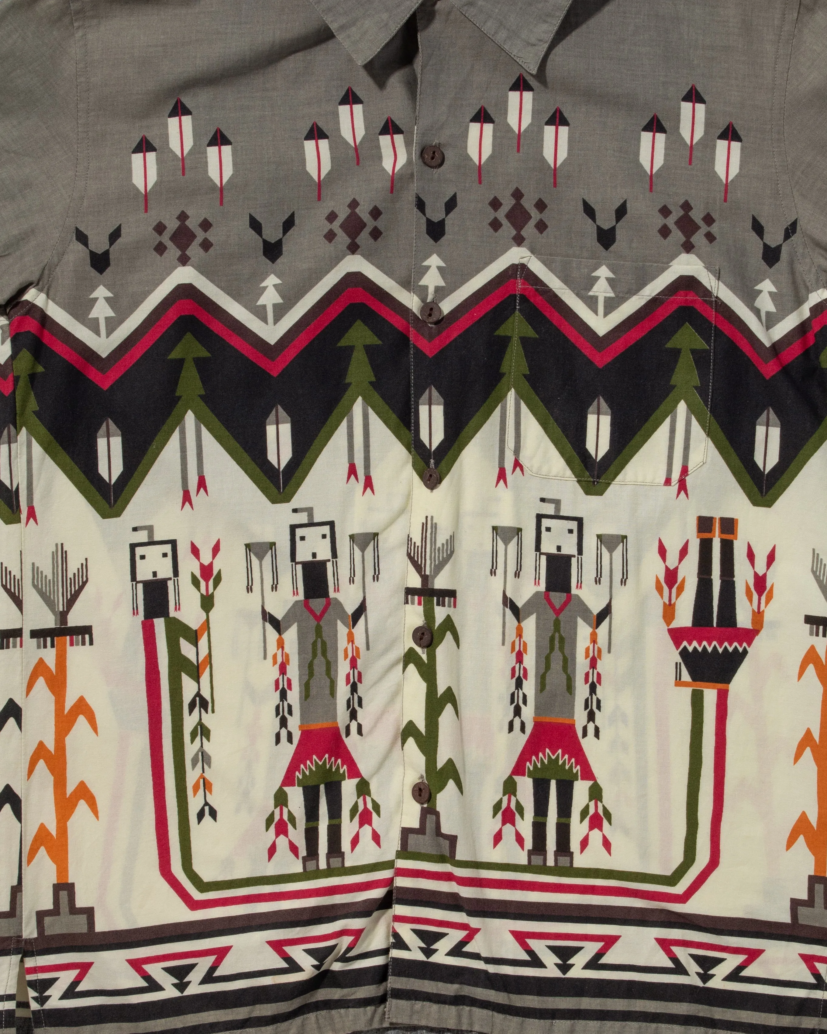 Japanese Repro, Short Sleeve Aloha Shirt, Tela Brand, Grey with Green and Red Ceremonial Scenery