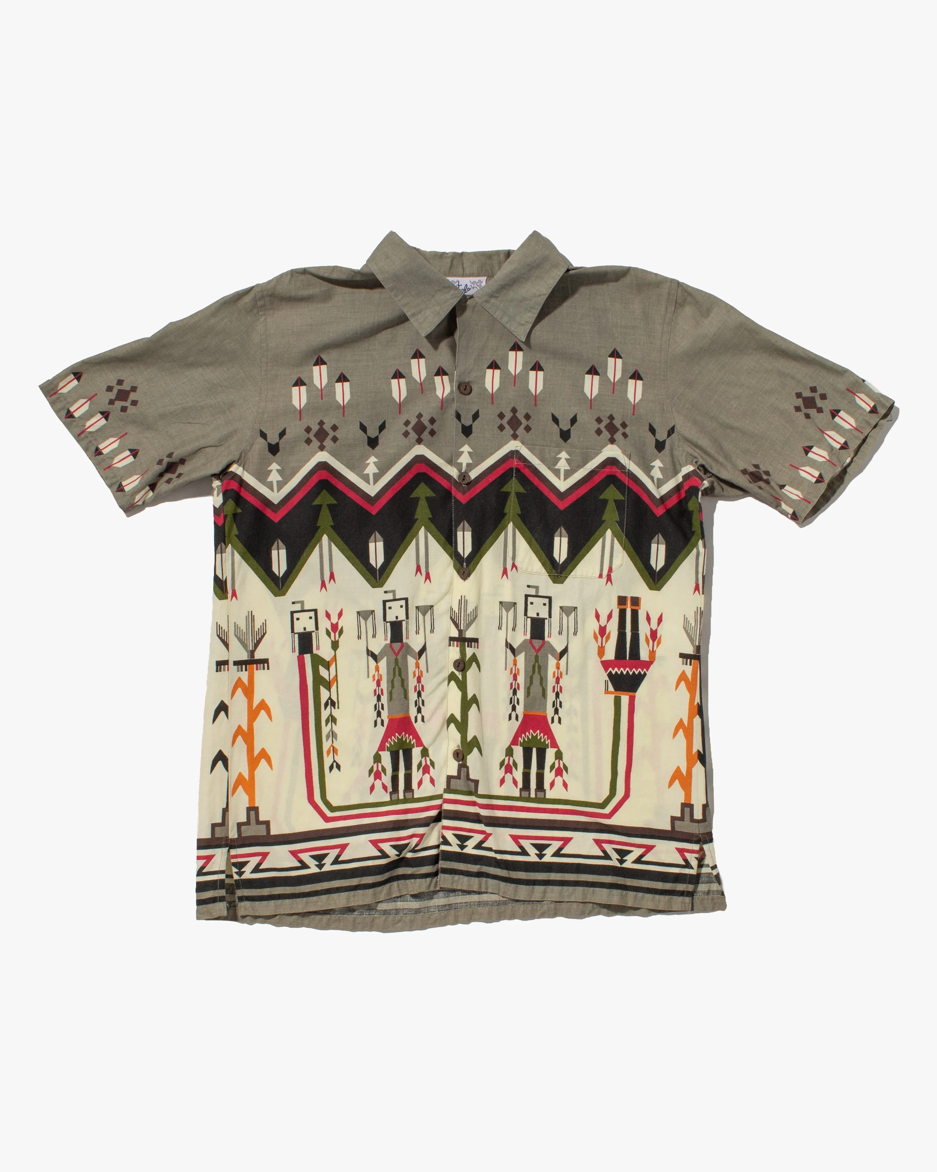 Japanese Repro, Short Sleeve Aloha Shirt, Tela Brand, Grey with Green and Red Ceremonial Scenery