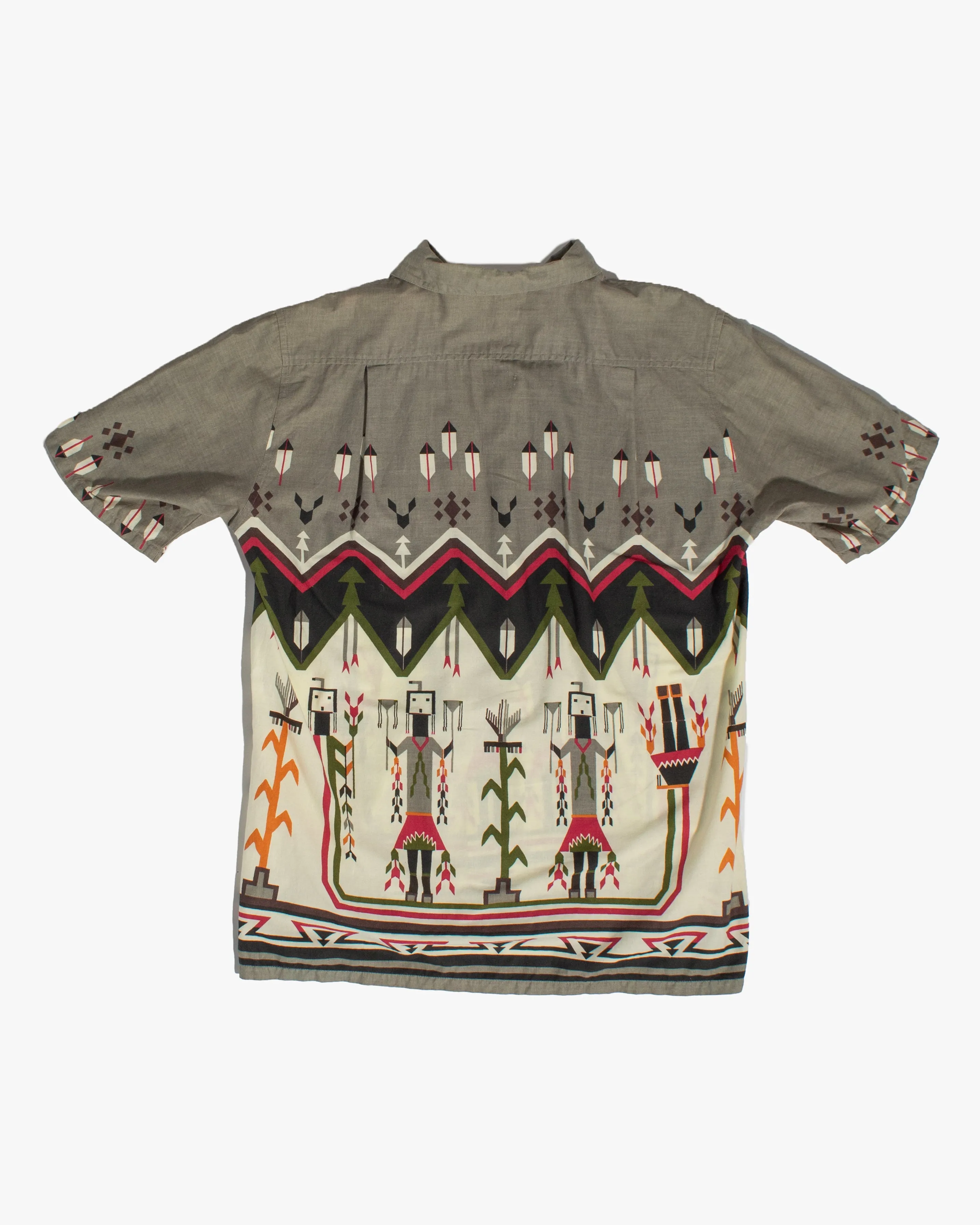 Japanese Repro, Short Sleeve Aloha Shirt, Tela Brand, Grey with Green and Red Ceremonial Scenery