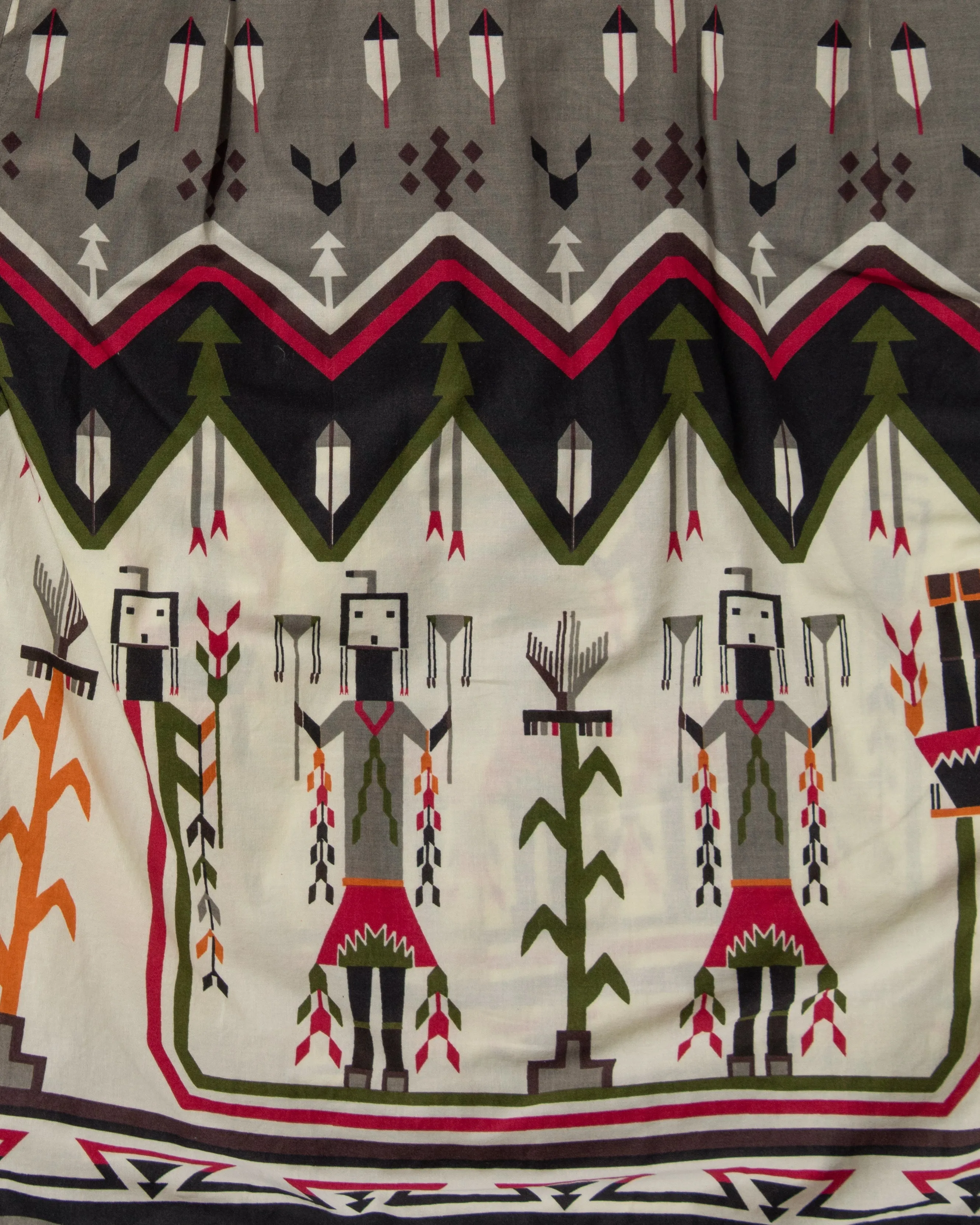Japanese Repro, Short Sleeve Aloha Shirt, Tela Brand, Grey with Green and Red Ceremonial Scenery